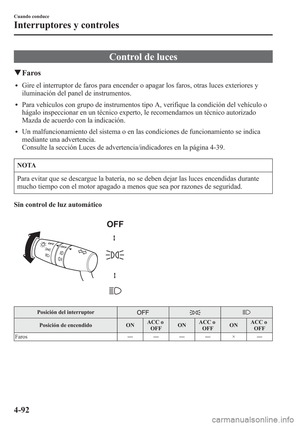 MAZDA MODEL 6 2015 Manual del propietario (in Spanish) Control de luces
qFaros
lGire el interruptor de faros para encender o apagar los faros, otras luces exteriores y
iluminación del panel de instrumentos.
lPara vehículos con grupo de instrumentos tipo MAZDA MODEL 6 2015 Manual del propietario (in Spanish) Control de luces
qFaros
lGire el interruptor de faros para encender o apagar los faros, otras luces exteriores y
iluminación del panel de instrumentos.
lPara vehículos con grupo de instrumentos tipo