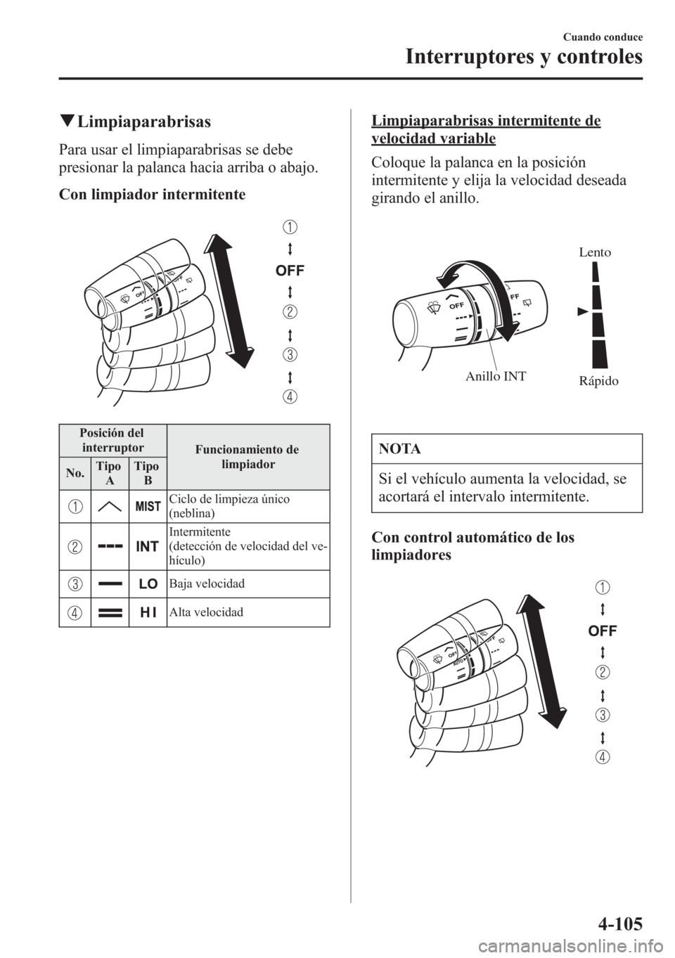MAZDA MODEL 6 2015 Manual del propietario (in Spanish) qLimpiaparabrisas
Para usar el limpiaparabrisas se debe
presionar la palanca hacia arriba o abajo.
Con limpiador intermitente
Posición del
interruptor
Funcionamiento de
limpiador
No.Tipo
ATipo
B
Cicl MAZDA MODEL 6 2015 Manual del propietario (in Spanish) qLimpiaparabrisas
Para usar el limpiaparabrisas se debe
presionar la palanca hacia arriba o abajo.
Con limpiador intermitente
Posición del
interruptor
Funcionamiento de
limpiador
No.Tipo
ATipo
B
Cicl