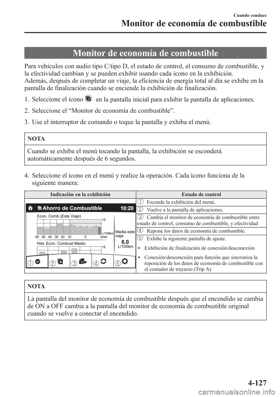 MAZDA MODEL 6 2015 Manual del propietario (in Spanish) Monitor de economía de combustible
Para vehículos con audio tipo C/tipo D, el estado de control, el consumo de combustible, y
la efectividad cambian y se pueden exhibir usando cada ícono en la exhi MAZDA MODEL 6 2015 Manual del propietario (in Spanish) Monitor de economía de combustible
Para vehículos con audio tipo C/tipo D, el estado de control, el consumo de combustible, y
la efectividad cambian y se pueden exhibir usando cada ícono en la exhi