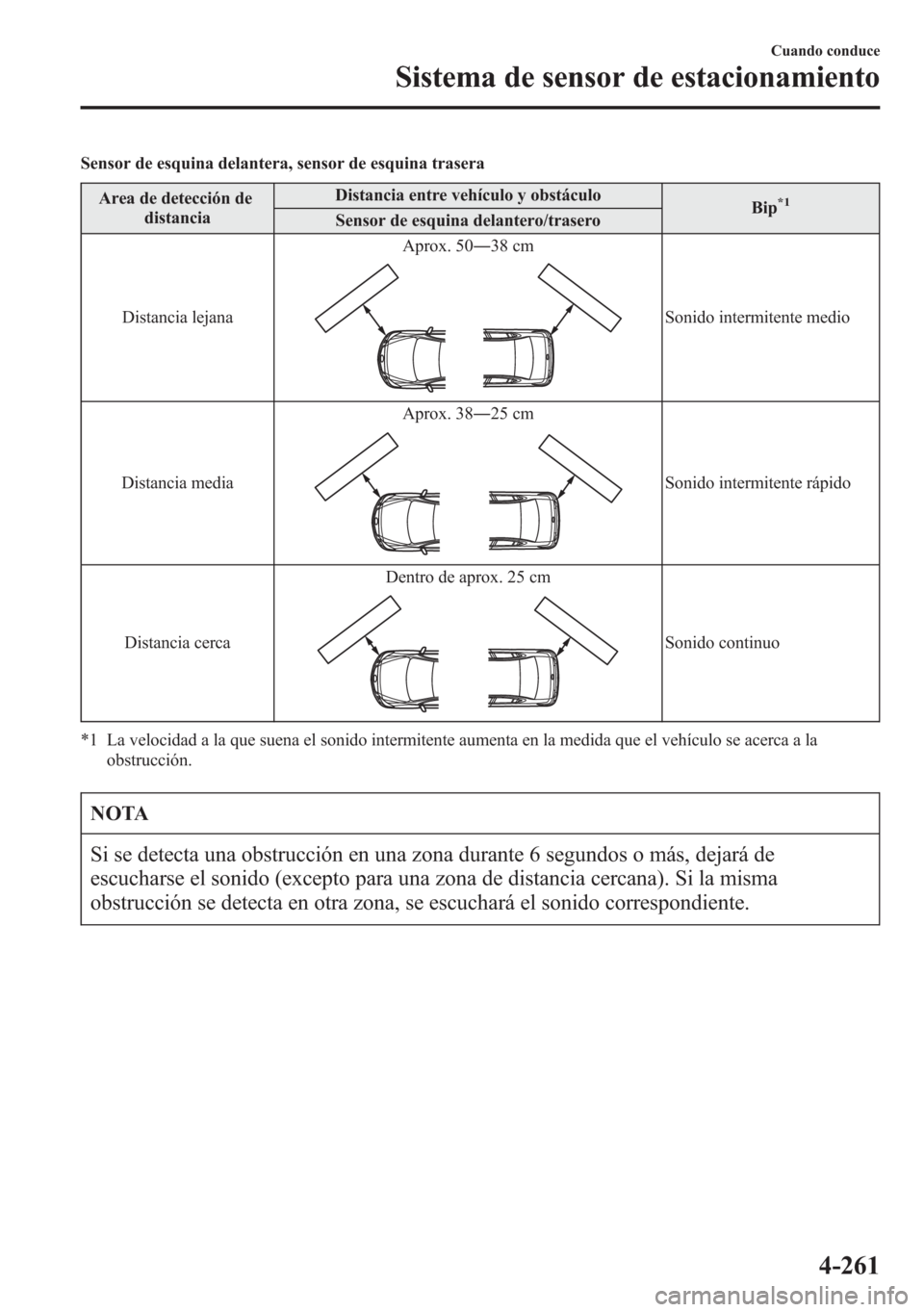 MAZDA MODEL 6 2015 Manual del propietario (in Spanish) Sensor de esquina delantera, sensor de esquina trasera
Area de detección de
distanciaDistancia entre vehículo y obstáculo
Bip
*1Sensor de esquina delantero/trasero
Distancia lejanaAprox. 50―38 cm MAZDA MODEL 6 2015 Manual del propietario (in Spanish) Sensor de esquina delantera, sensor de esquina trasera
Area de detección de
distanciaDistancia entre vehículo y obstáculo
Bip
*1Sensor de esquina delantero/trasero
Distancia lejanaAprox. 50―38 cm