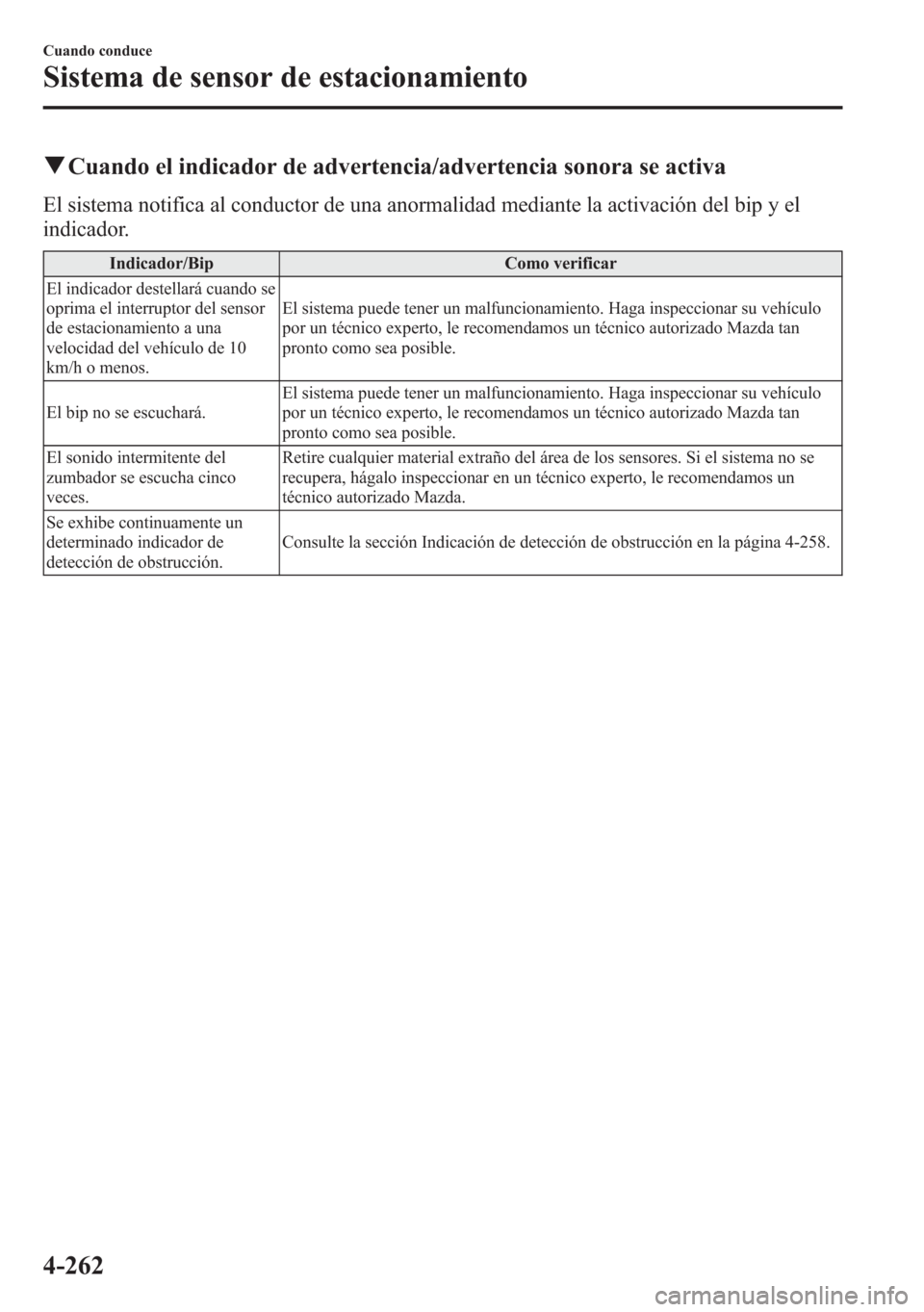 MAZDA MODEL 6 2015 Manual del propietario (in Spanish) qCuando el indicador de advertencia/advertencia sonora se activa
El sistema notifica al conductor de una anormalidad mediante la activación del bip y el
indicador.
Indicador/Bip Como verificar
El ind MAZDA MODEL 6 2015 Manual del propietario (in Spanish) qCuando el indicador de advertencia/advertencia sonora se activa
El sistema notifica al conductor de una anormalidad mediante la activación del bip y el
indicador.
Indicador/Bip Como verificar
El ind