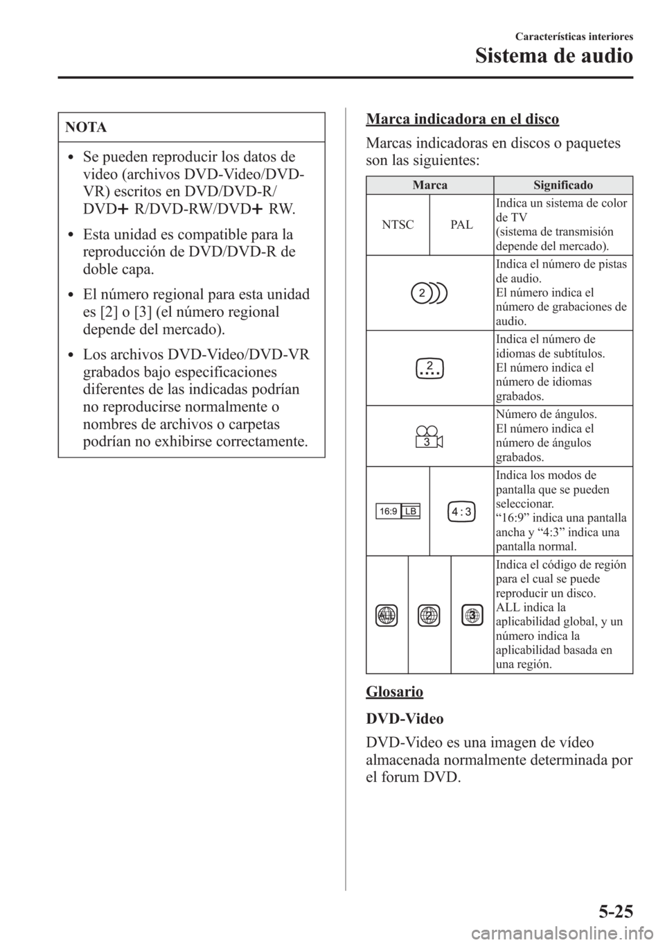 MAZDA MODEL 6 2015 Manual del propietario (in Spanish) NOTA
lSe pueden reproducir los datos de
video (archivos DVD-Video/DVD-
VR) escritos en DVD/DVD-R/
DVD
R/DVD-RW/DVDRW.
lEsta unidad es compatible para la
reproducción de DVD/DVD-R de
doble capa.
lEl n MAZDA MODEL 6 2015 Manual del propietario (in Spanish) NOTA
lSe pueden reproducir los datos de
video (archivos DVD-Video/DVD-
VR) escritos en DVD/DVD-R/
DVD
R/DVD-RW/DVDRW.
lEsta unidad es compatible para la
reproducción de DVD/DVD-R de
doble capa.
lEl n