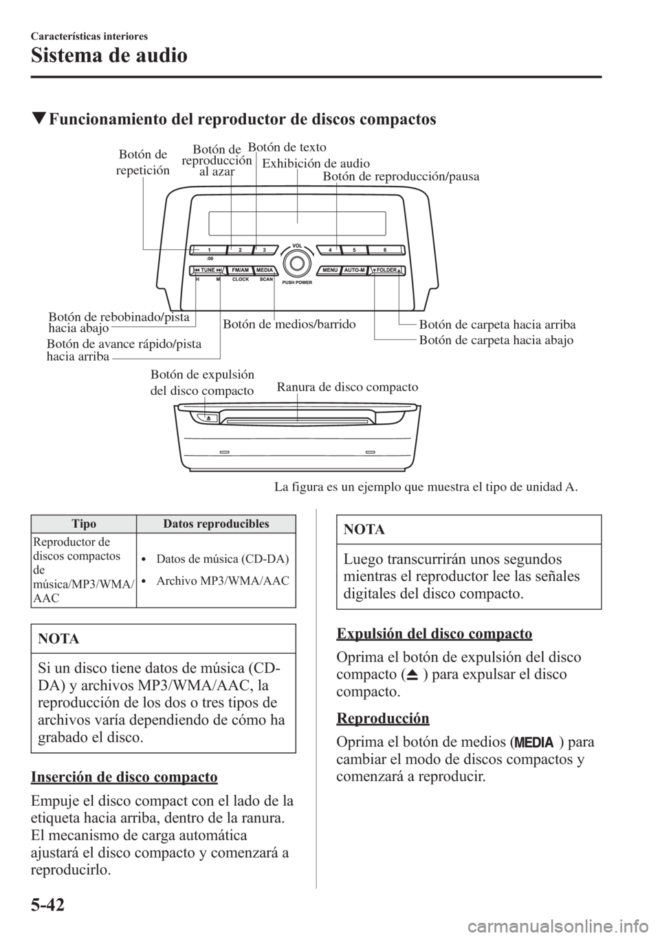 MAZDA MODEL 6 2015 Manual del propietario (in Spanish) qFuncionamiento del reproductor de discos compactos
Botón de expulsión
del disco compactoRanura de disco compacto Botón de rebobinado/pista
hacia abajo
Botón de avance rápido/pista
hacia arrib MAZDA MODEL 6 2015 Manual del propietario (in Spanish) qFuncionamiento del reproductor de discos compactos
Botón de expulsión
del disco compactoRanura de disco compacto Botón de rebobinado/pista
hacia abajo
Botón de avance rápido/pista
hacia arrib