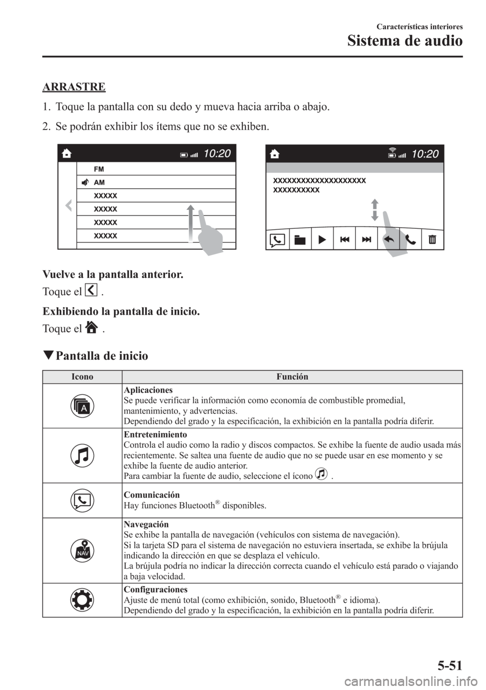 MAZDA MODEL 6 2015 Manual del propietario (in Spanish) ARRASTRE
1. Toque la pantalla con su dedo y mueva hacia arriba o abajo.
2. Se podrán exhibir los ítems que no se exhiben.
Vuelve a la pantalla anterior.
Toque el
.
Exhibiendo la pantalla de inicio.
MAZDA MODEL 6 2015 Manual del propietario (in Spanish) ARRASTRE
1. Toque la pantalla con su dedo y mueva hacia arriba o abajo.
2. Se podrán exhibir los ítems que no se exhiben.
Vuelve a la pantalla anterior.
Toque el
.
Exhibiendo la pantalla de inicio.