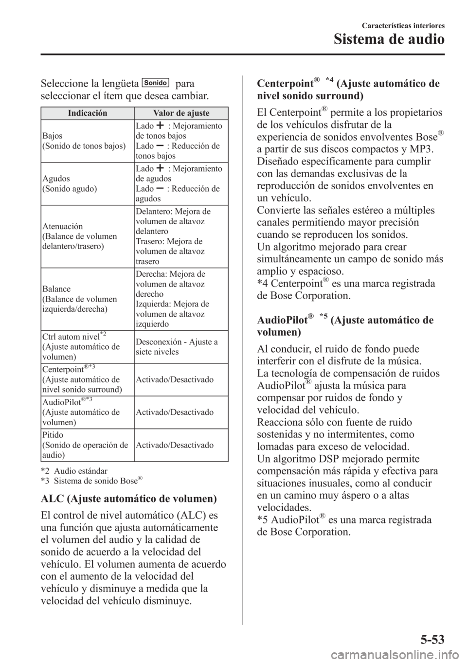 MAZDA MODEL 6 2015 Manual del propietario (in Spanish) Seleccione la lengüetapara
seleccionar el ítem que desea cambiar.
Indicación Valor de ajuste
Bajos
(Sonido de tonos bajos)Lado
: Mejoramiento
de tonos bajos
Lado
: Reducción de
tonos bajos
Agudos
MAZDA MODEL 6 2015 Manual del propietario (in Spanish) Seleccione la lengüetapara
seleccionar el ítem que desea cambiar.
Indicación Valor de ajuste
Bajos
(Sonido de tonos bajos)Lado
: Mejoramiento
de tonos bajos
Lado
: Reducción de
tonos bajos
Agudos