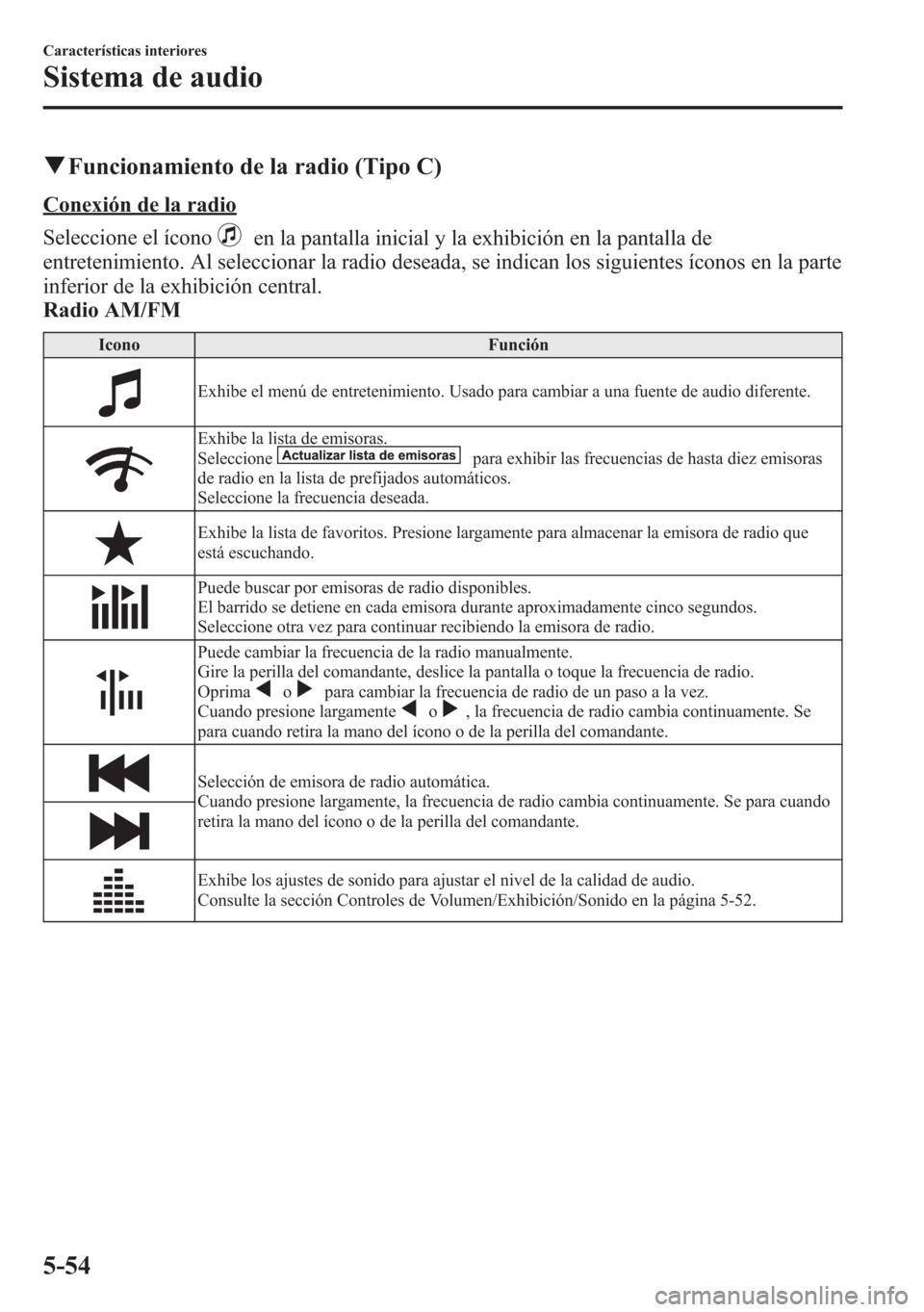 MAZDA MODEL 6 2015 Manual del propietario (in Spanish) qFuncionamiento de la radio (Tipo C)
Conexión de la radio
Seleccione el ícono
en la pantalla inicial y la exhibición en la pantalla de
entretenimiento. Al seleccionar la radio deseada, se indican l MAZDA MODEL 6 2015 Manual del propietario (in Spanish) qFuncionamiento de la radio (Tipo C)
Conexión de la radio
Seleccione el ícono
en la pantalla inicial y la exhibición en la pantalla de
entretenimiento. Al seleccionar la radio deseada, se indican l