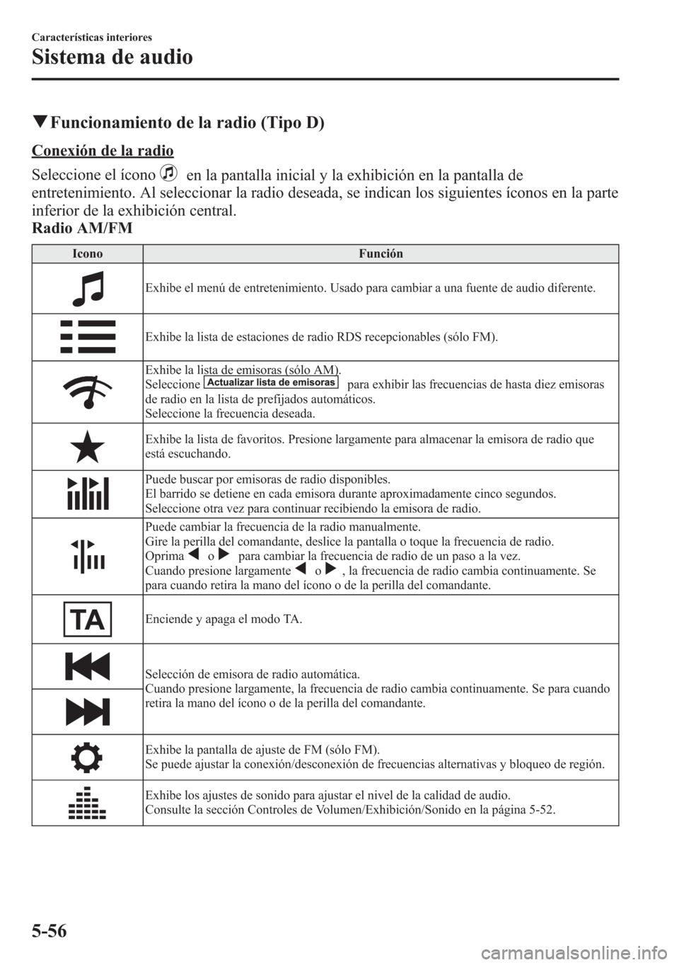 MAZDA MODEL 6 2015 Manual del propietario (in Spanish) qFuncionamiento de la radio (Tipo D)
Conexión de la radio
Seleccione el ícono
en la pantalla inicial y la exhibición en la pantalla de
entretenimiento. Al seleccionar la radio deseada, se indican l MAZDA MODEL 6 2015 Manual del propietario (in Spanish) qFuncionamiento de la radio (Tipo D)
Conexión de la radio
Seleccione el ícono
en la pantalla inicial y la exhibición en la pantalla de
entretenimiento. Al seleccionar la radio deseada, se indican l