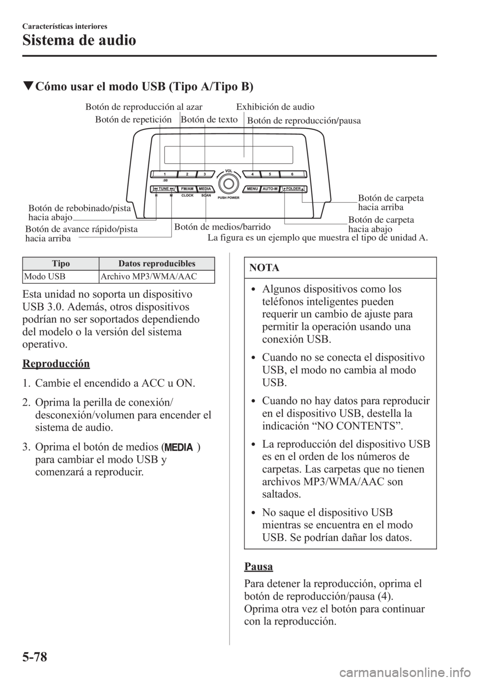 MAZDA MODEL 6 2015 Manual del propietario (in Spanish) qCómo usar el modo USB (Tipo A/Tipo B)
Botón de medios/barridoBotón de carpeta
hacia abajoBotón de carpeta
hacia arriba Botón de reproducción/pausa Botón de reproducción al azar
Botón de re MAZDA MODEL 6 2015 Manual del propietario (in Spanish) qCómo usar el modo USB (Tipo A/Tipo B)
Botón de medios/barridoBotón de carpeta
hacia abajoBotón de carpeta
hacia arriba Botón de reproducción/pausa Botón de reproducción al azar
Botón de re