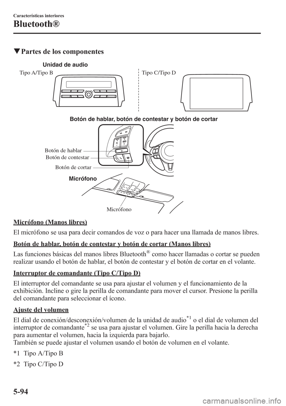 MAZDA MODEL 6 2015 Manual del propietario (in Spanish) qPartes de los componentes
Micrófono Botón de hablar, botón de contestar y botón de cortar
Micrófono Botón de hablar
Botón de cortar Botón de contestar Unidad de audio
Tipo A/Tipo B Tipo C/T MAZDA MODEL 6 2015 Manual del propietario (in Spanish) qPartes de los componentes
Micrófono Botón de hablar, botón de contestar y botón de cortar
Micrófono Botón de hablar
Botón de cortar Botón de contestar Unidad de audio
Tipo A/Tipo B Tipo C/T