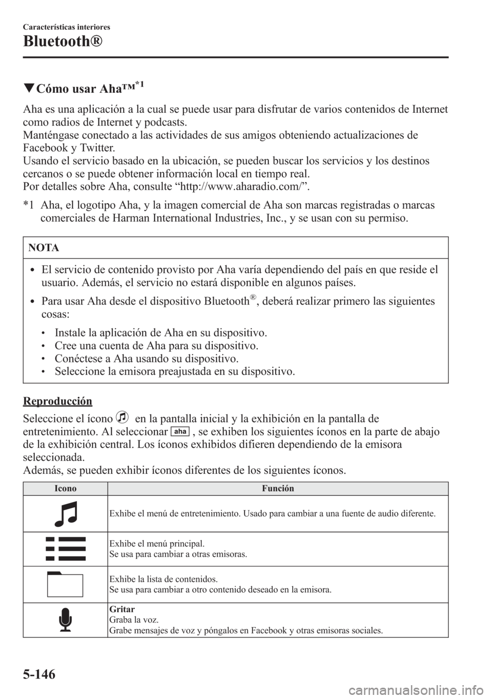 MAZDA MODEL 6 2015 Manual del propietario (in Spanish) qCómo usar Aha™*1
Aha es una aplicación a la cual se puede usar para disfrutar de varios contenidos de Internet
como radios de Internet y podcasts.
Manténgase conectado a las actividades de sus a MAZDA MODEL 6 2015 Manual del propietario (in Spanish) qCómo usar Aha™*1
Aha es una aplicación a la cual se puede usar para disfrutar de varios contenidos de Internet
como radios de Internet y podcasts.
Manténgase conectado a las actividades de sus a