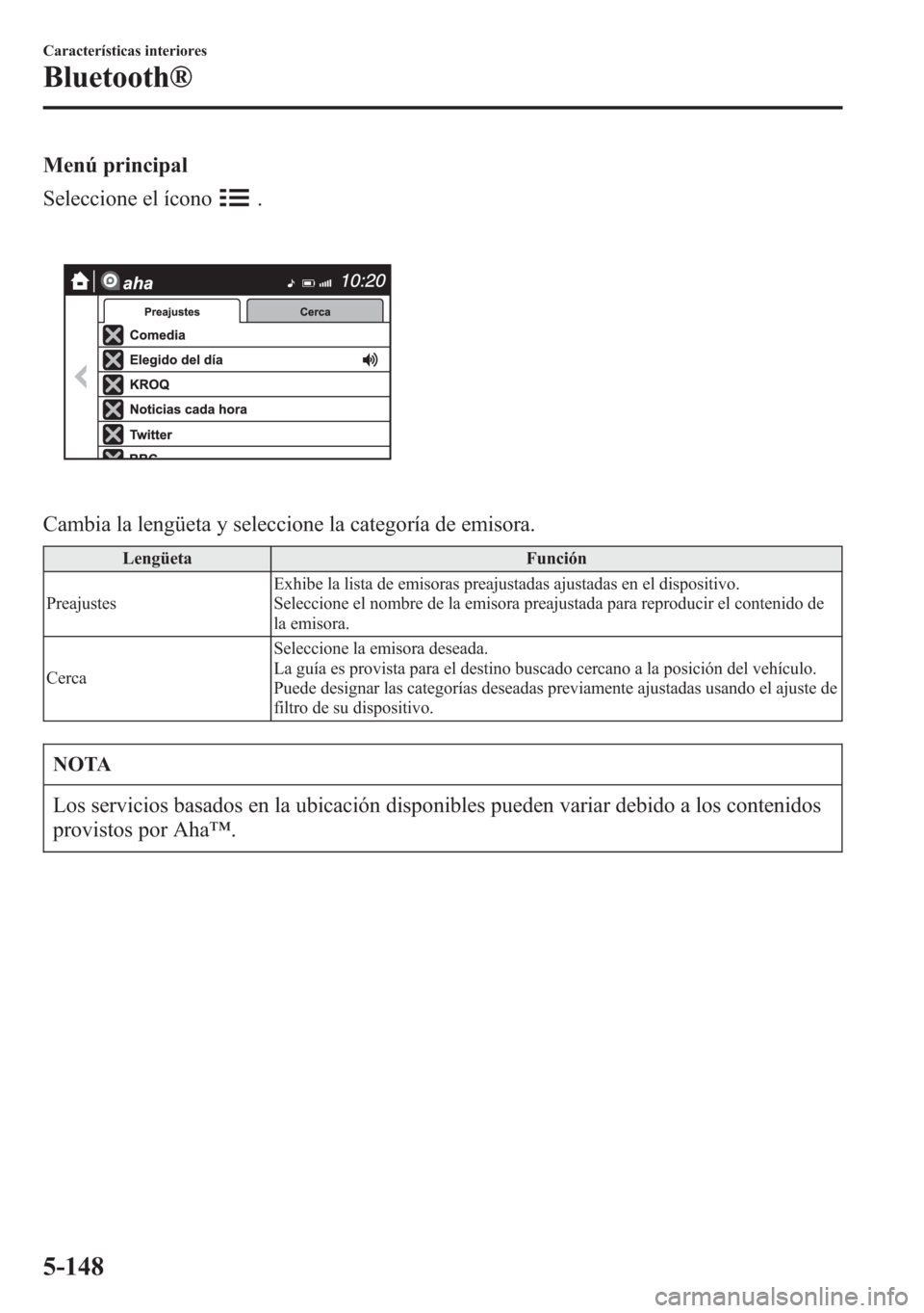 MAZDA MODEL 6 2015 Manual del propietario (in Spanish) Menú principal
Seleccione el ícono
.
Cambia la lengüeta y seleccione la categoría de emisora.
Lengüeta Función
PreajustesExhibe la lista de emisoras preajustadas ajustadas en el dispositivo.
Sel MAZDA MODEL 6 2015 Manual del propietario (in Spanish) Menú principal
Seleccione el ícono
.
Cambia la lengüeta y seleccione la categoría de emisora.
Lengüeta Función
PreajustesExhibe la lista de emisoras preajustadas ajustadas en el dispositivo.
Sel