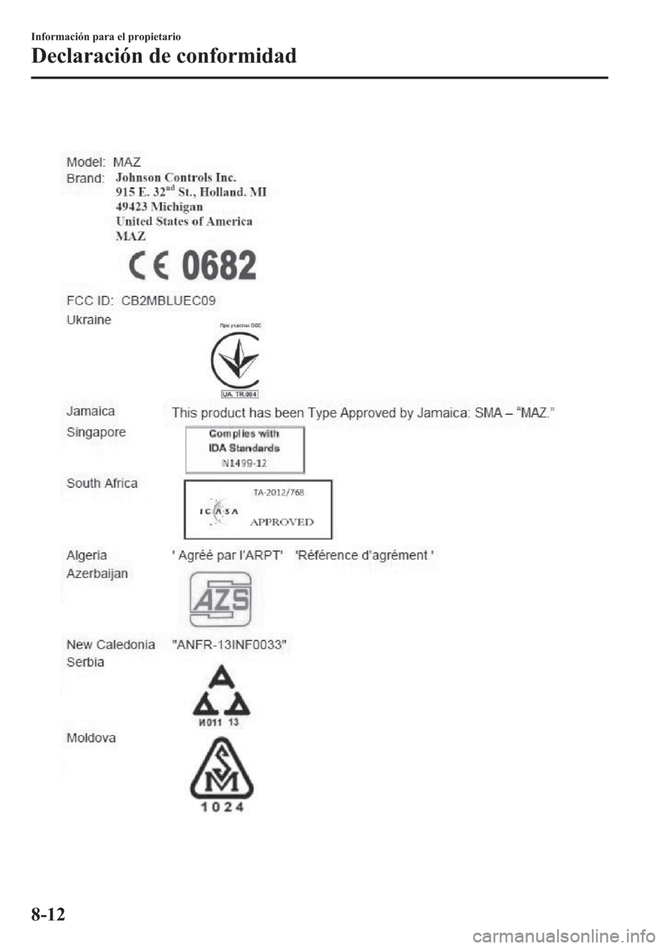 MAZDA MODEL 6 2015  Manual del propietario (in Spanish) 8-12
Información para el propietario
Declaración de conformidad 
