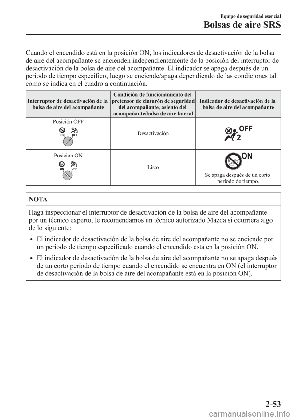 MAZDA MODEL 6 2015 Manual del propietario (in Spanish) Cuando el encendido está en la posición ON, los indicadores de desactivación de la bolsa
de aire del acompañante se encienden independientemente de la posición del interruptor de
desactivación d MAZDA MODEL 6 2015 Manual del propietario (in Spanish) Cuando el encendido está en la posición ON, los indicadores de desactivación de la bolsa
de aire del acompañante se encienden independientemente de la posición del interruptor de
desactivación d