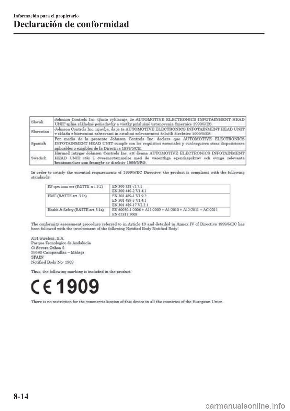 MAZDA MODEL 6 2015  Manual del propietario (in Spanish) 8-14
Información para el propietario
Declaración de conformidad 