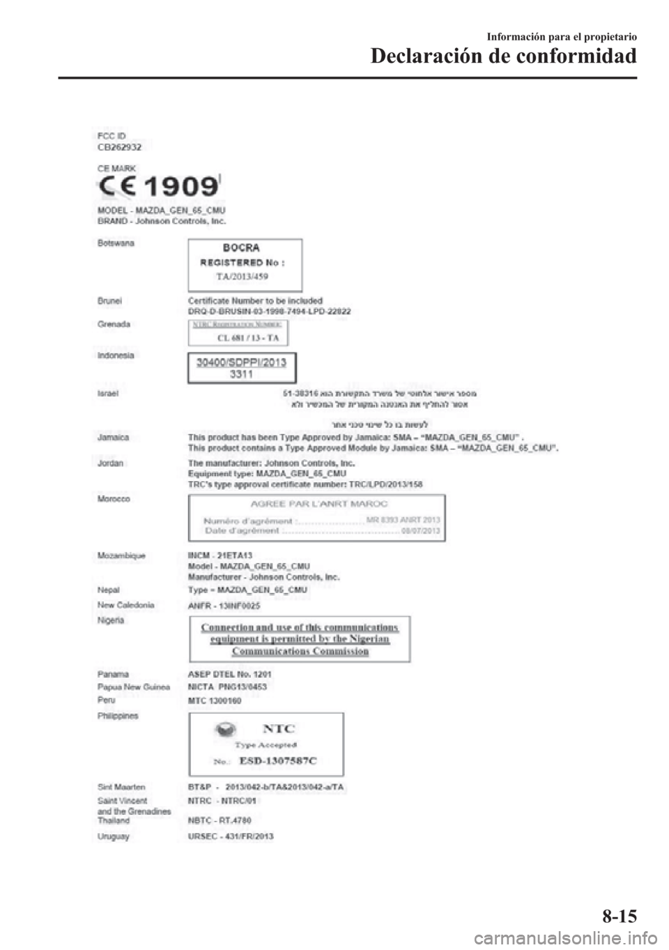 MAZDA MODEL 6 2015  Manual del propietario (in Spanish) Información para el propietario
Declaración de conformidad
8-15 