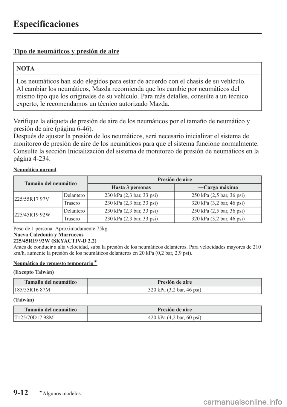 MAZDA MODEL 6 2015 Manual del propietario (in Spanish) Tipo de neumáticos y presión de aire
NOTA
Los neumáticos han sido elegidos para estar de acuerdo con el chasis de su vehículo.
Al cambiar los neumáticos, Mazda recomienda que los cambie por neum MAZDA MODEL 6 2015 Manual del propietario (in Spanish) Tipo de neumáticos y presión de aire
NOTA
Los neumáticos han sido elegidos para estar de acuerdo con el chasis de su vehículo.
Al cambiar los neumáticos, Mazda recomienda que los cambie por neum