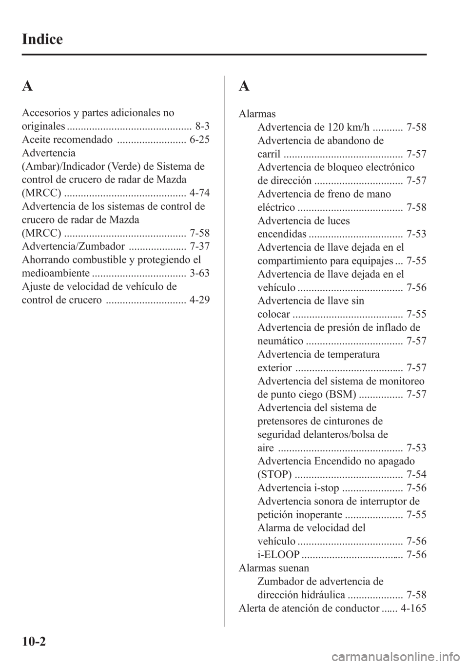 MAZDA MODEL 6 2015 Manual del propietario (in Spanish) A
Accesorios y partes adicionales no
originales ............................................. 8-3
Aceite recomendado ......................... 6-25
Advertencia
(Ambar)/Indicador (Verde) de Sistema de
MAZDA MODEL 6 2015 Manual del propietario (in Spanish) A
Accesorios y partes adicionales no
originales ............................................. 8-3
Aceite recomendado ......................... 6-25
Advertencia
(Ambar)/Indicador (Verde) de Sistema de