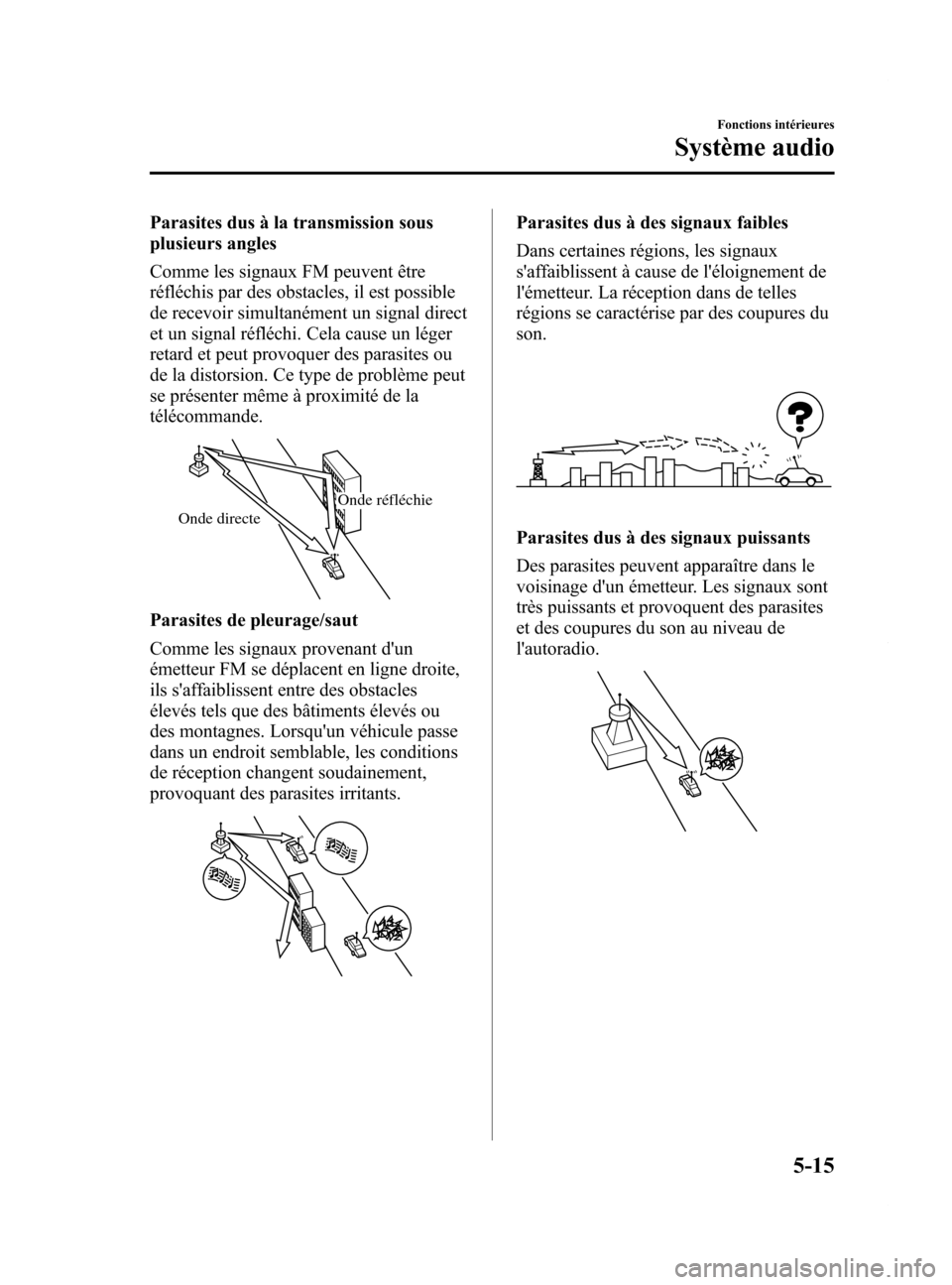 MAZDA MODEL 6 2015  Manuel du propriétaire (in French) Black plate (311,1)
Parasites dus à la transmission sous
plusieurs angles
Comme les signaux FM peuvent être
réfléchis par des obstacles, il est possible
de recevoir simultanément un signal direct