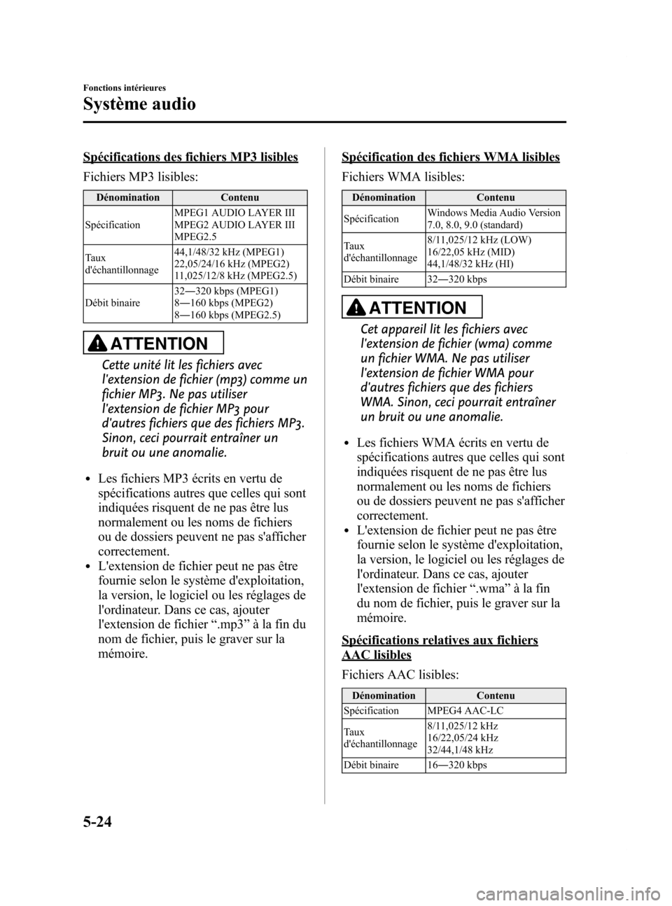 MAZDA MODEL 6 2015  Manuel du propriétaire (in French) Black plate (320,1)
Spécifications des fichiers MP3 lisibles
Fichiers MP3 lisibles:
DénominationContenu
Spécification MPEG1 AUDIO LAYER III
MPEG2 AUDIO LAYER III
MPEG2.5
Taux
déchantillonnage 44,