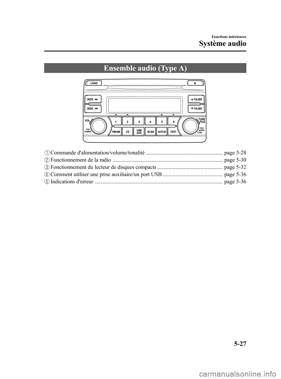 MAZDA MODEL 6 2015  Manuel du propriétaire (in French) Black plate (323,1)
Ensemble audio (Type A)
Commande dalimentation/volume/tonalité ....................................................... page 5-28
Fonctionnement de la radio ......................