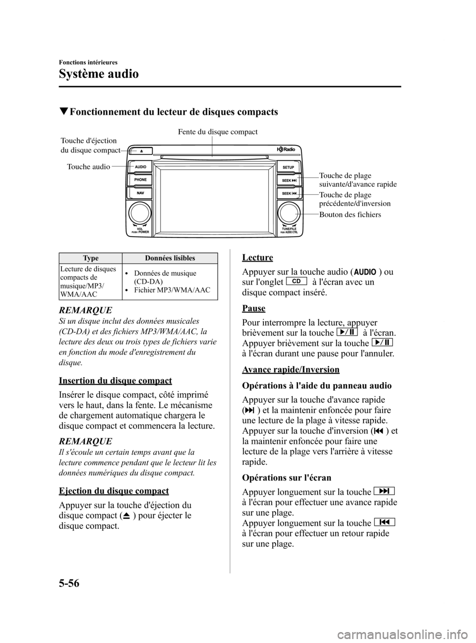 MAZDA MODEL 6 2015 Manuel du propriétaire (in French) Black plate (352,1)
qFonctionnement du lecteur de disques compacts
Fente du disque compact
Touche audio
Touche déjection
du disque compact
Touche de plage
suivante/davance rapide
Touche de plage MAZDA MODEL 6 2015 Manuel du propriétaire (in French) Black plate (352,1)
qFonctionnement du lecteur de disques compacts
Fente du disque compact
Touche audio
Touche déjection
du disque compact
Touche de plage
suivante/davance rapide
Touche de plage