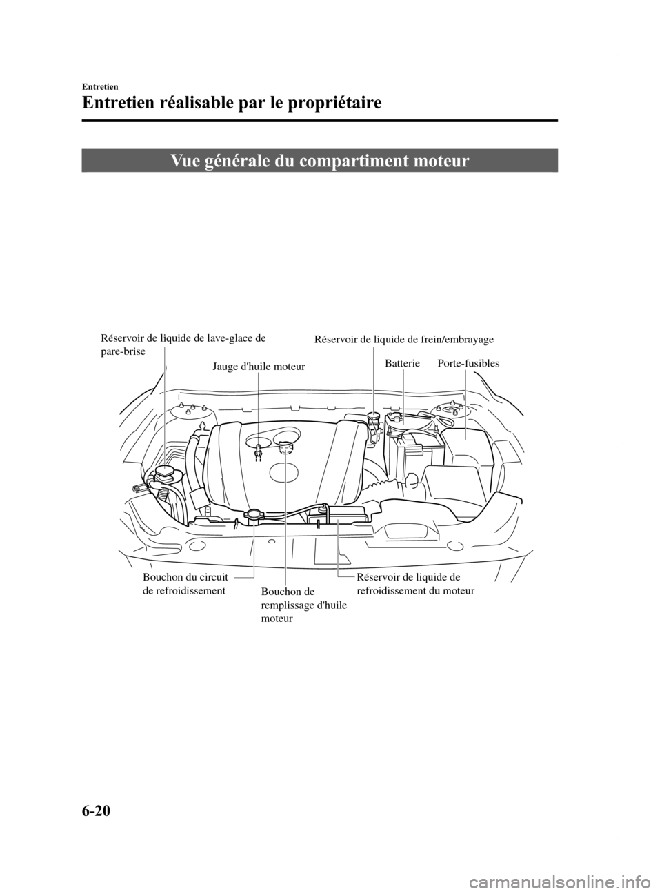 MAZDA MODEL 6 2015 Manuel du propriétaire (in French) Black plate (450,1)
Vue générale du compartiment moteur
Réservoir de liquide de lave-glace de
pare-briseRéservoir de liquide de frein/embrayage
Jauge dhuile moteur Batterie
Porte-fusibles
Bou MAZDA MODEL 6 2015 Manuel du propriétaire (in French) Black plate (450,1)
Vue générale du compartiment moteur
Réservoir de liquide de lave-glace de
pare-briseRéservoir de liquide de frein/embrayage
Jauge dhuile moteur Batterie
Porte-fusibles
Bou