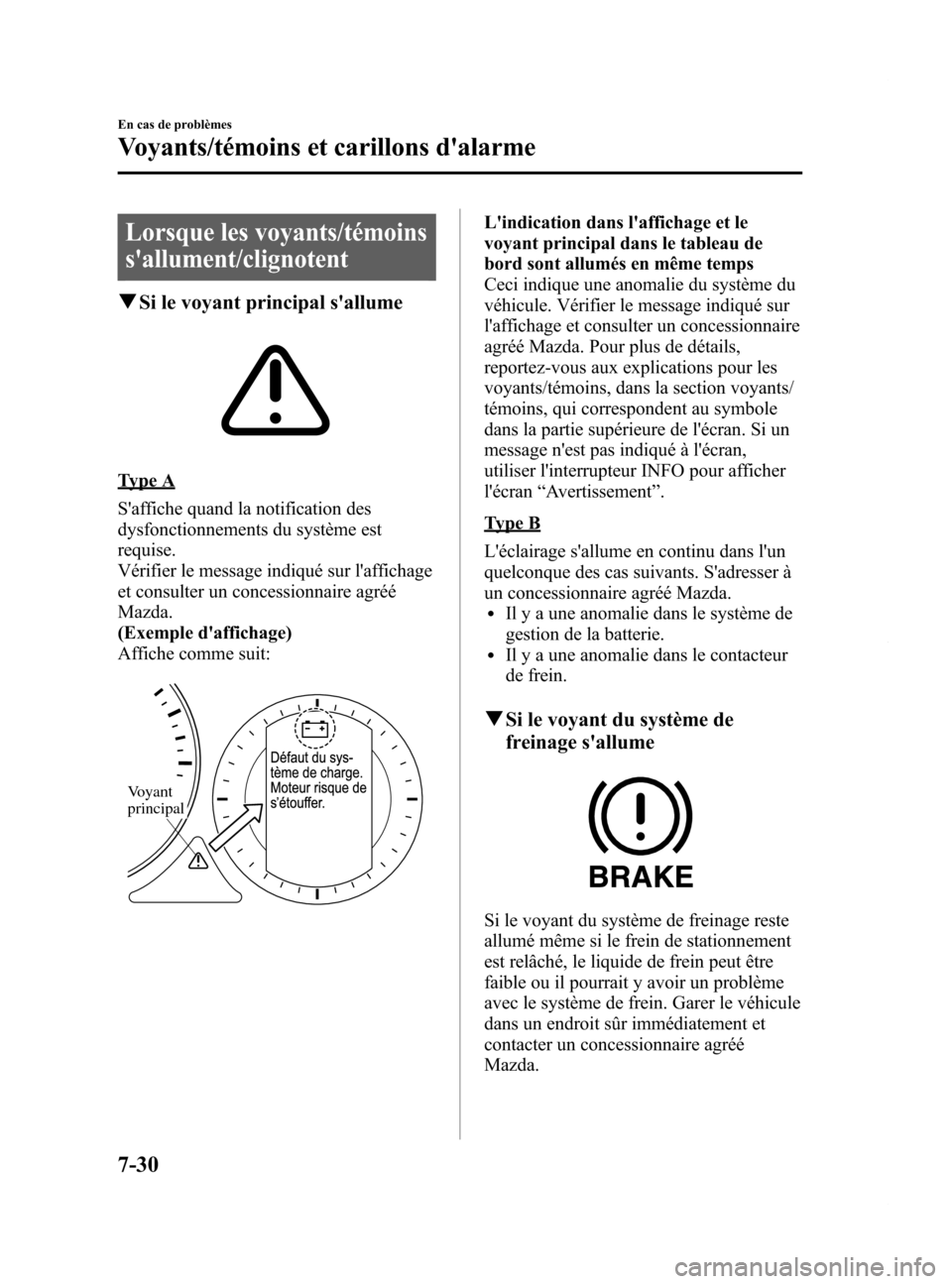 MAZDA MODEL 6 2015 Manuel du propriétaire (in French) Black plate (532,1)
Lorsque les voyants/témoins
sallument/clignotent
qSi le voyant principal sallume
Type A
Saffiche quand la notification des
dysfonctionnements du système est
requise.
Vérifier MAZDA MODEL 6 2015 Manuel du propriétaire (in French) Black plate (532,1)
Lorsque les voyants/témoins
sallument/clignotent
qSi le voyant principal sallume
Type A
Saffiche quand la notification des
dysfonctionnements du système est
requise.
Vérifier