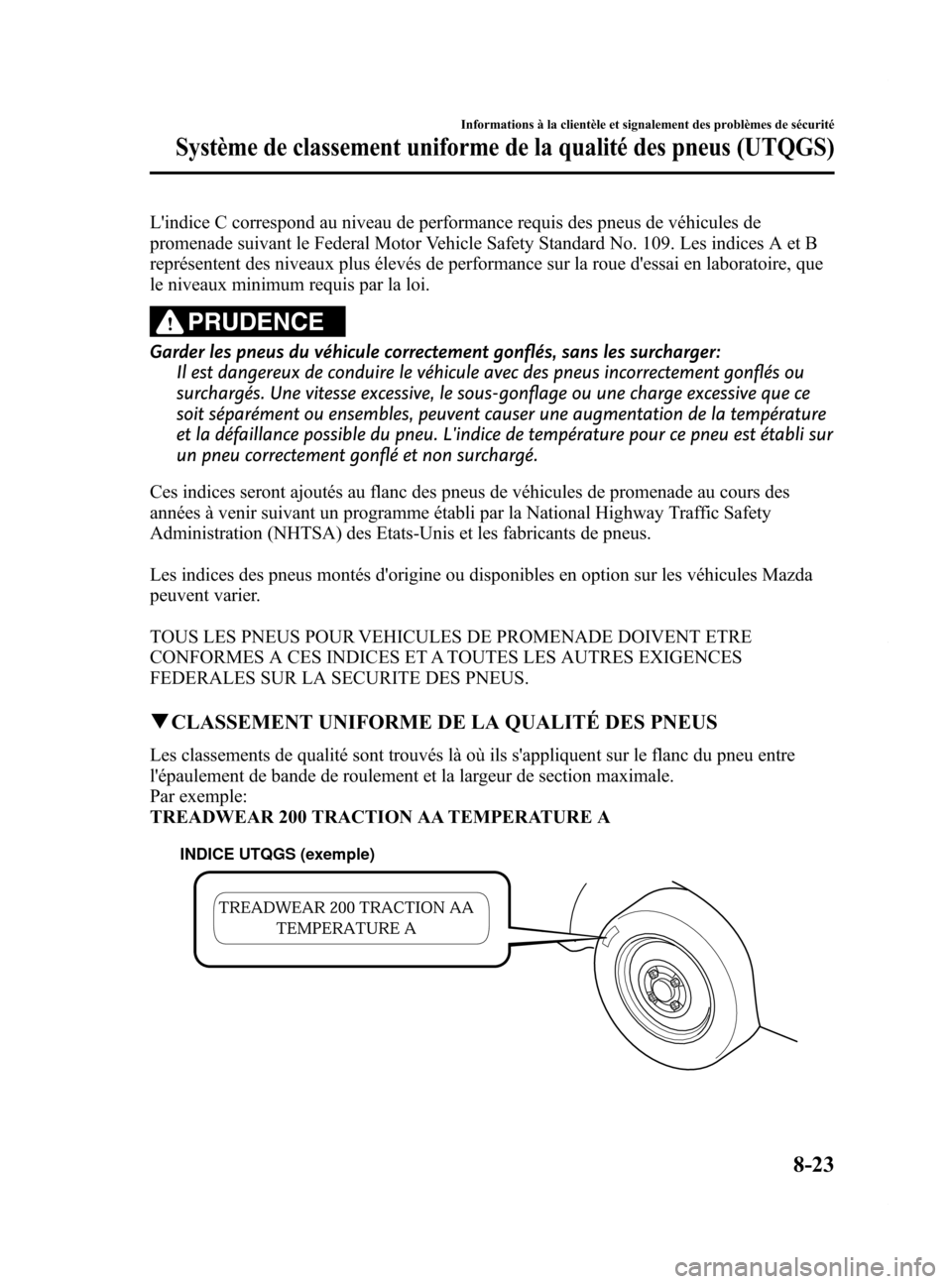 MAZDA MODEL 6 2015 Manuel du propriétaire (in French) Black plate (569,1)
Lindice C correspond au niveau de performance requis des pneus de véhicules de
promenade suivant le Federal Motor Vehicle Safety Standard No. 109. Les indices A et B
représenten MAZDA MODEL 6 2015 Manuel du propriétaire (in French) Black plate (569,1)
Lindice C correspond au niveau de performance requis des pneus de véhicules de
promenade suivant le Federal Motor Vehicle Safety Standard No. 109. Les indices A et B
représenten