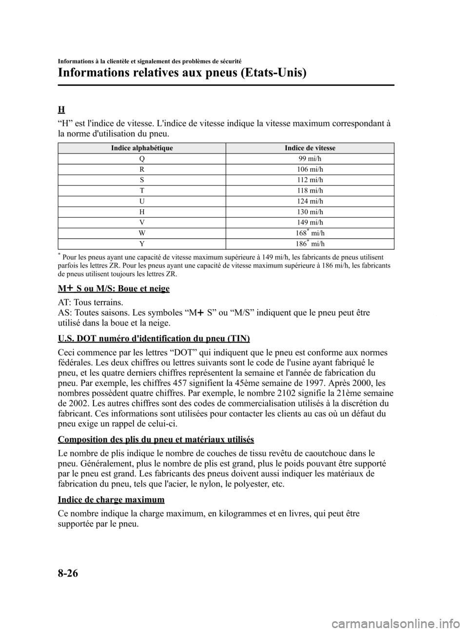 MAZDA MODEL 6 2015  Manuel du propriétaire (in French) Black plate (572,1)
H
“H ”est lindice de vitesse. Lindice de vitesse indique la vitesse maximum correspondant à
la norme dutilisation du pneu.
Indice alphabétique Indice de vitesse
Q 99 mi/h
