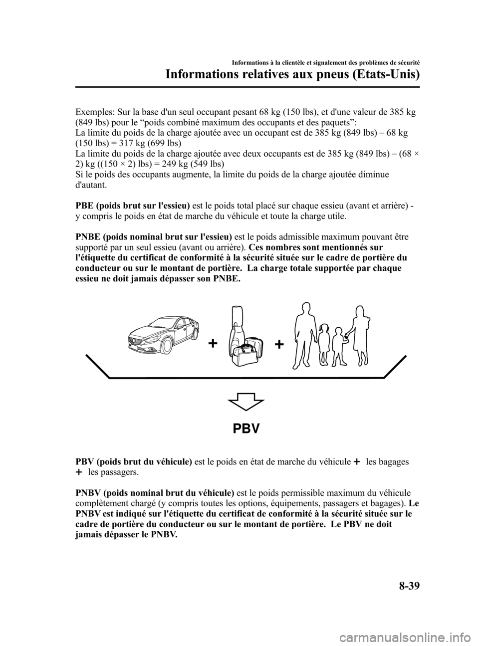 MAZDA MODEL 6 2015  Manuel du propriétaire (in French) Black plate (585,1)
Exemples: Sur la base dun seul occupant pesant 68 kg (150 lbs), et dune valeur de 385 kg
(849 lbs) pour le“poids combiné maximum des occupants et des paquets ”:
La limite du