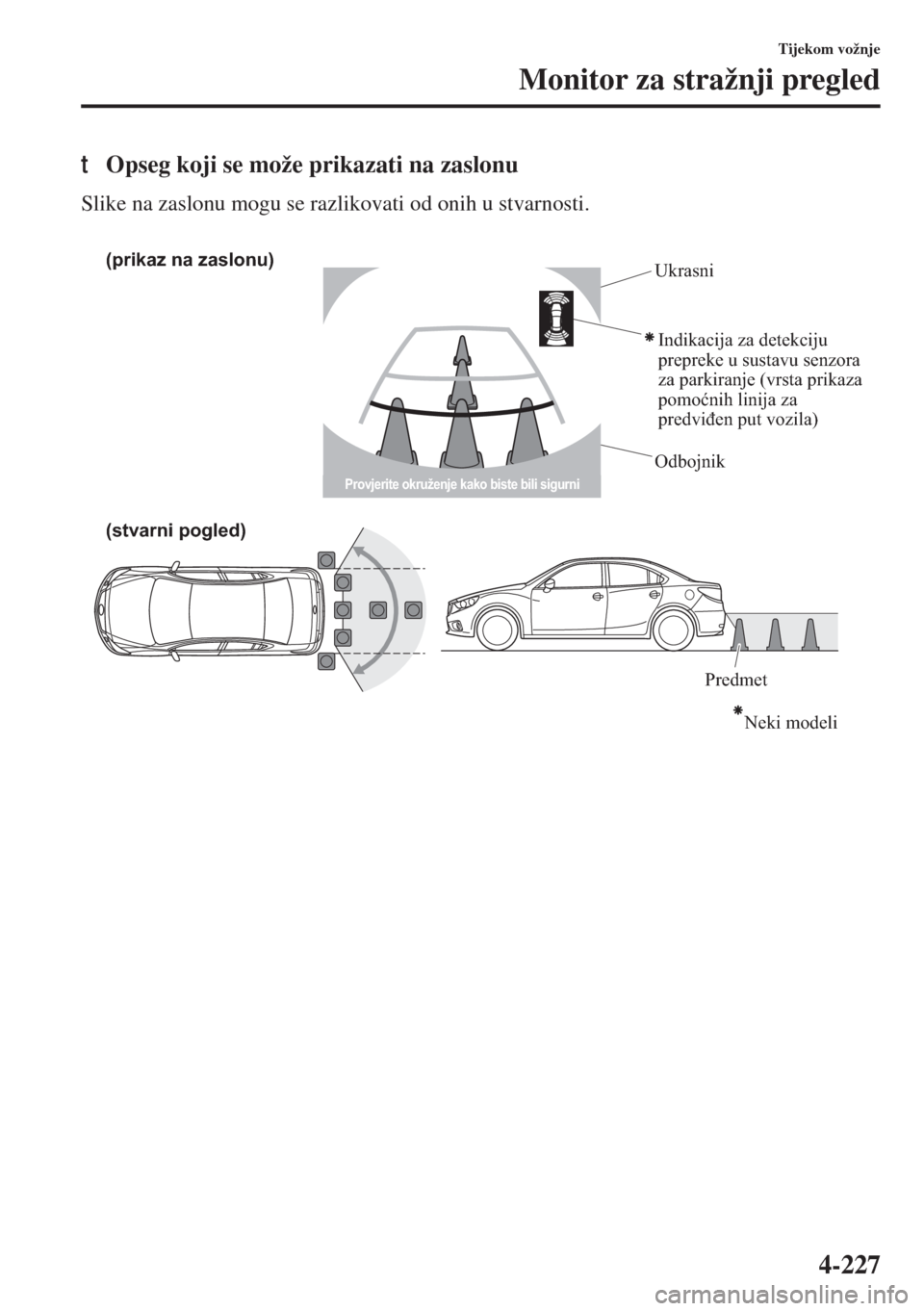 MAZDA MODEL 6 2015  Upute za uporabu (in Croatian)  4-227
Tijekom vožnje
Monitor za stražnji pregled
tOpseg koji se može prikazati na zaslonu
Slike na zaslonu mogu se razlikovati od onih u stvarnosti.
(prikaz na zaslonu)
(stvarni pogled)
Neki modeli