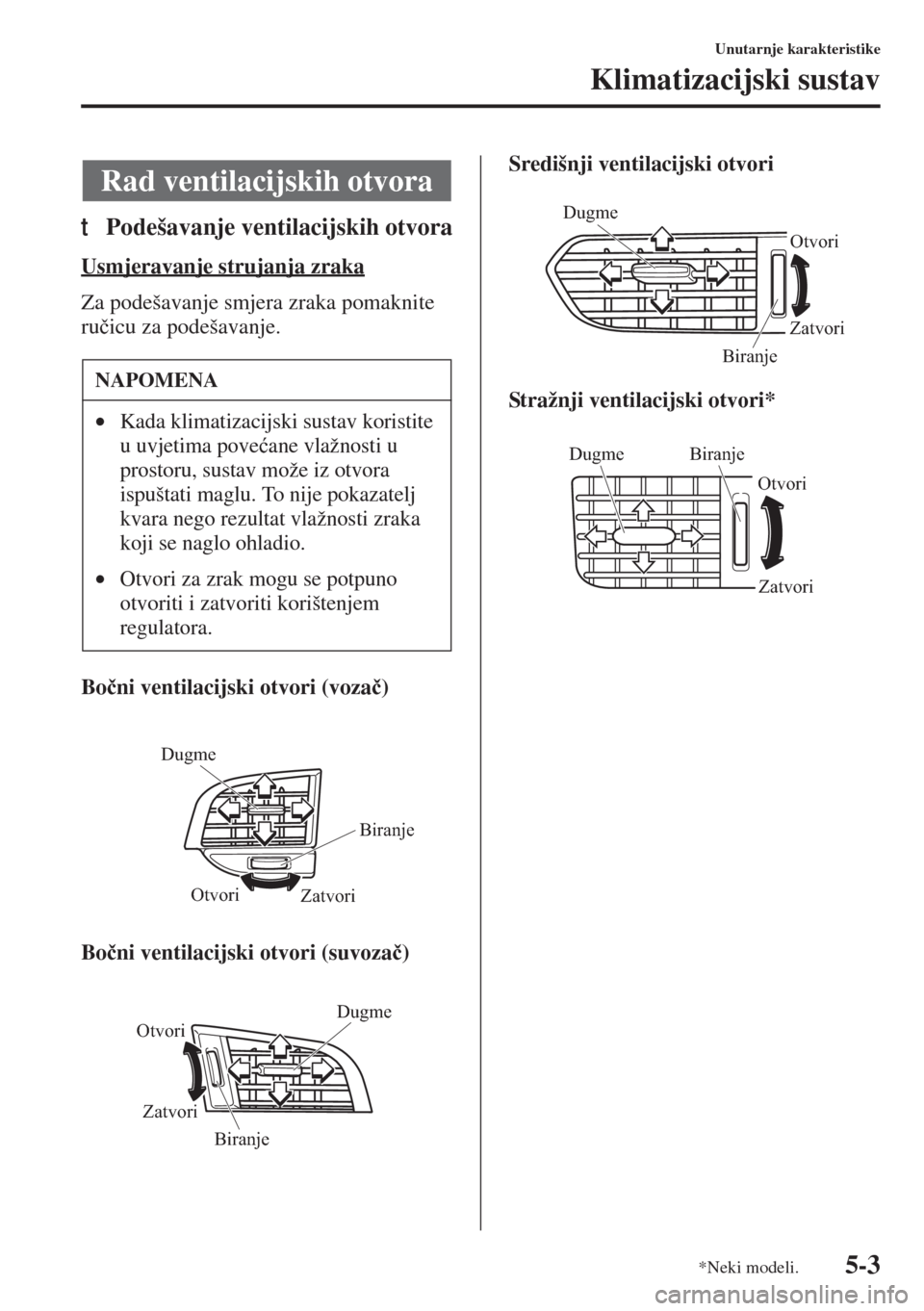 MAZDA MODEL 6 2015  Upute za uporabu (in Croatian)  5-3
Unutarnje karakteristike
Klimatizacijski sustav
tPodešavanje ventilacijskih otvora
Usmjeravanje strujanja zraka
Za podešavanje smjera zraka pomaknite 
ru�þicu za podešavanje.
Bo�þni ventilaci
