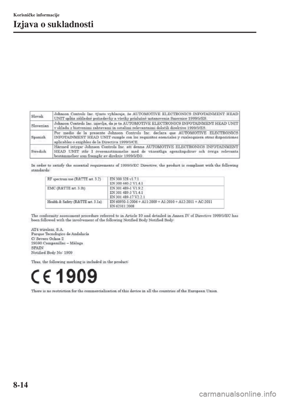 MAZDA MODEL 6 2015  Upute za uporabu (in Croatian)  8-14
Korisni�þke informacije
Izjava o sukladnosti 