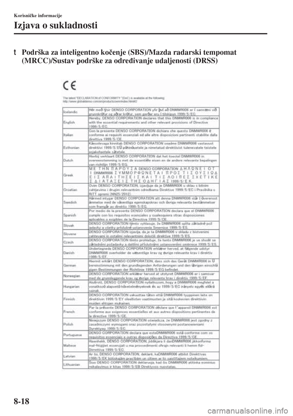 MAZDA MODEL 6 2015  Upute za uporabu (in Croatian)  8-18
Korisni�þke informacije
Izjava o sukladnosti
tPodrška za inteligentno ko�þenje (SBS)/Mazda radarski tempomat 
(MRCC)/Sustav podrške za odre�ÿivanje udaljenosti (DRSS) 