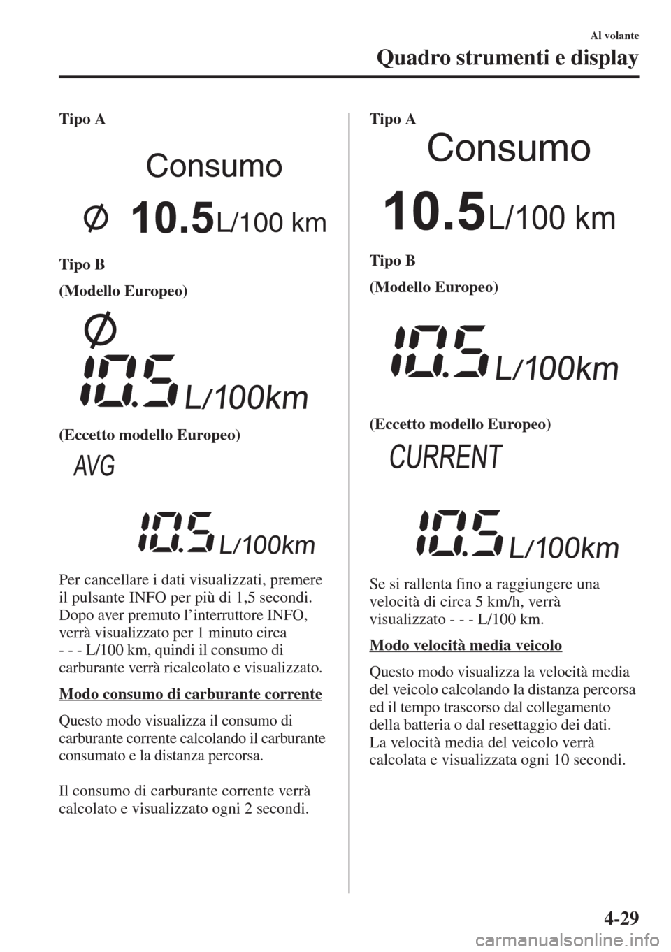 MAZDA MODEL 6 2015  Manuale del proprietario (in Italian)  4-29
Al volante
Quadro strumenti e display
Tipo A
Tipo B
(Modello Europeo)
(Eccetto modello Europeo)
Per cancellare i dati visualizzati, premere 
il pulsante INFO per più di 1,5 secondi.
Dopo aver pr