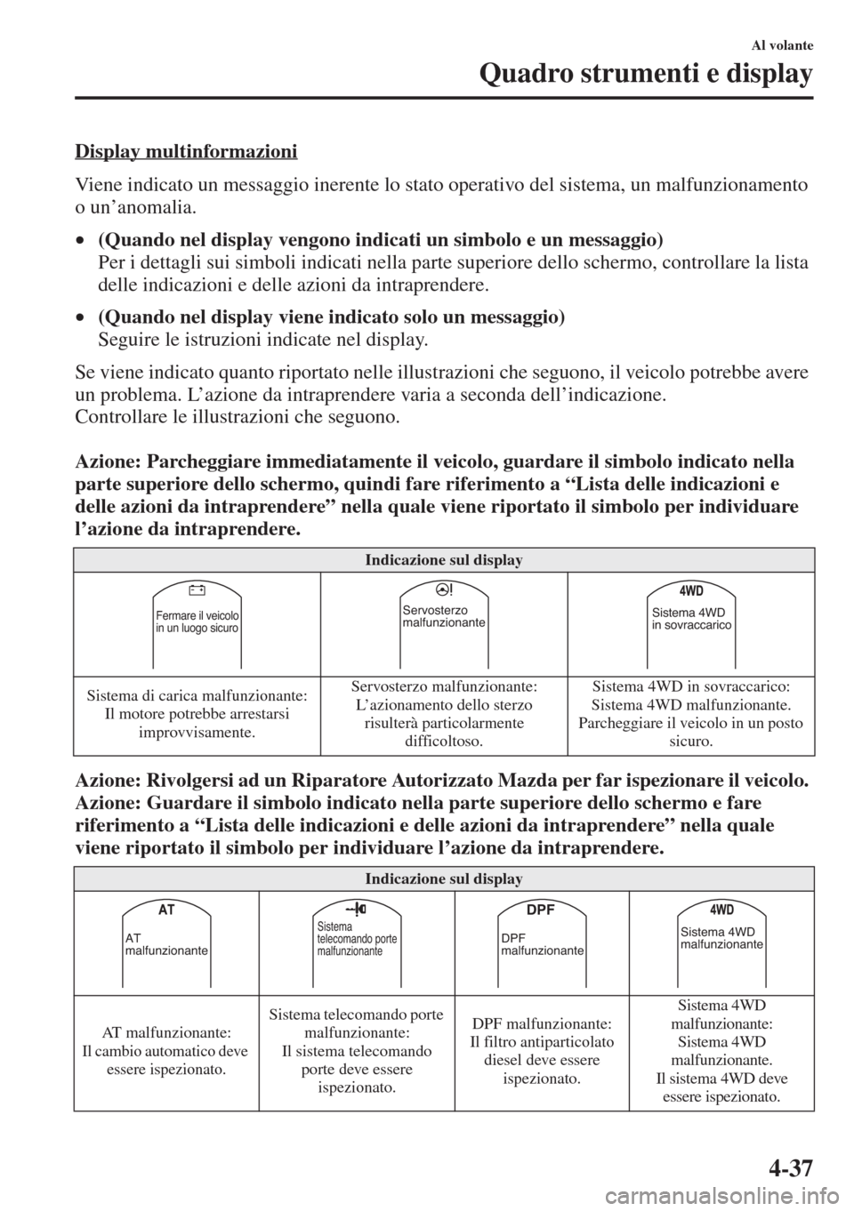 MAZDA MODEL 6 2015  Manuale del proprietario (in Italian)  4-37
Al volante
Quadro strumenti e display
Display multinformazioni
Viene indicato un messaggio inerente lo stato operativo del sistema, un malfunzionamento 
o un’anomalia.
•(Quando nel display ve