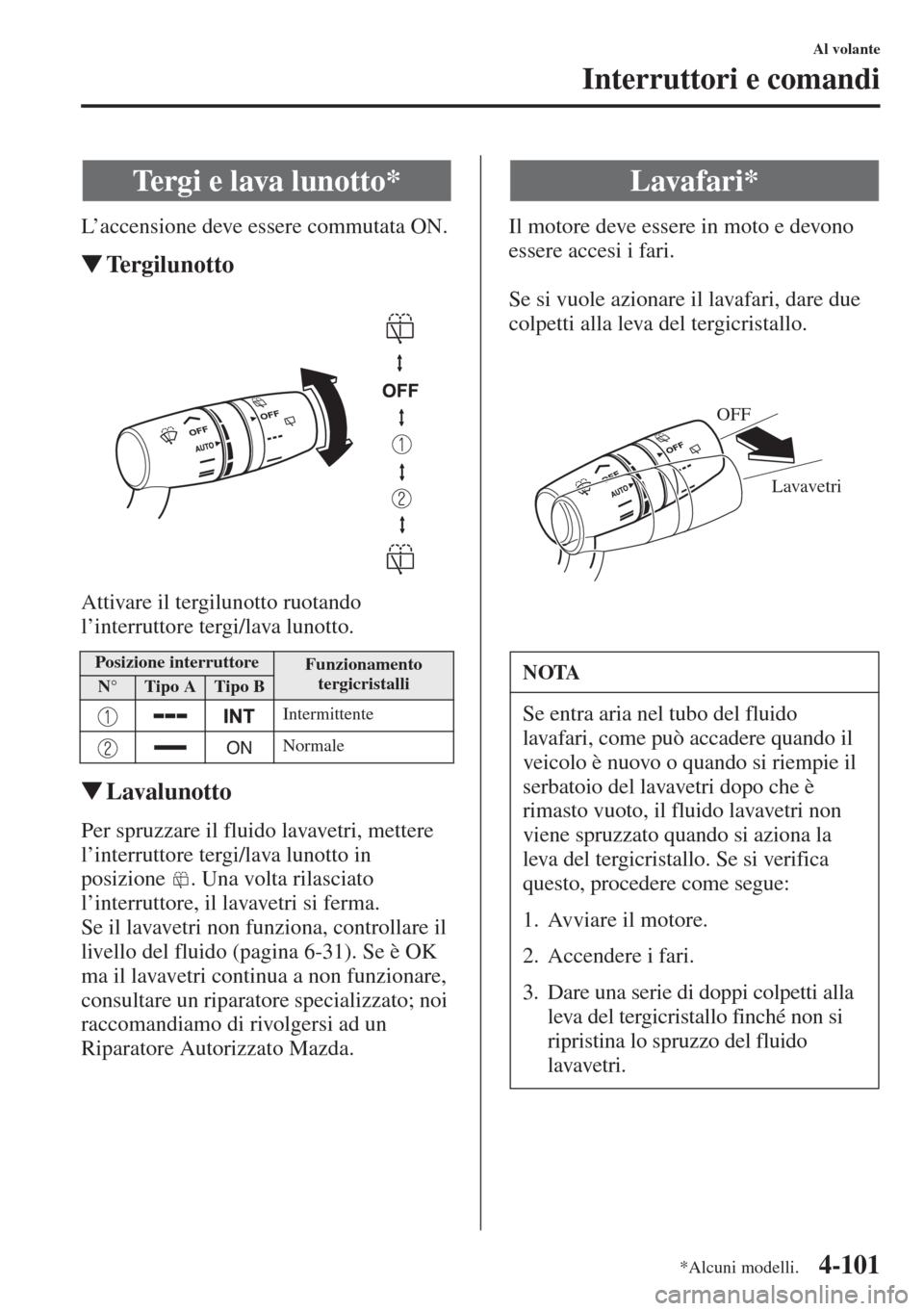 MAZDA MODEL 6 2015  Manuale del proprietario (in Italian)  4-101
Al volante
Interruttori e comandi
L’accensione deve essere commutata ON.
�WTergilunotto
Attivare il tergilunotto ruotando 
l’interruttore tergi/lava lunotto.
�WLavalunotto
Per spruzzare il f