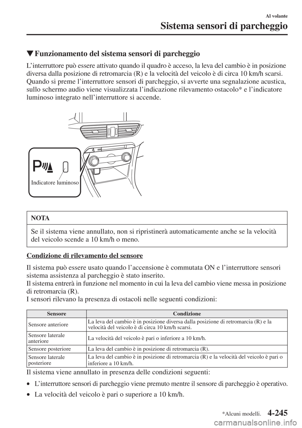 MAZDA MODEL 6 2015  Manuale del proprietario (in Italian)  4-245
Al volante
Sistema sensori di parcheggio
�WFunzionamento del sistema sensori di parcheggio
L’interruttore può essere attivato quando il quadro è acceso, la leva del cambio è in posizione 
d