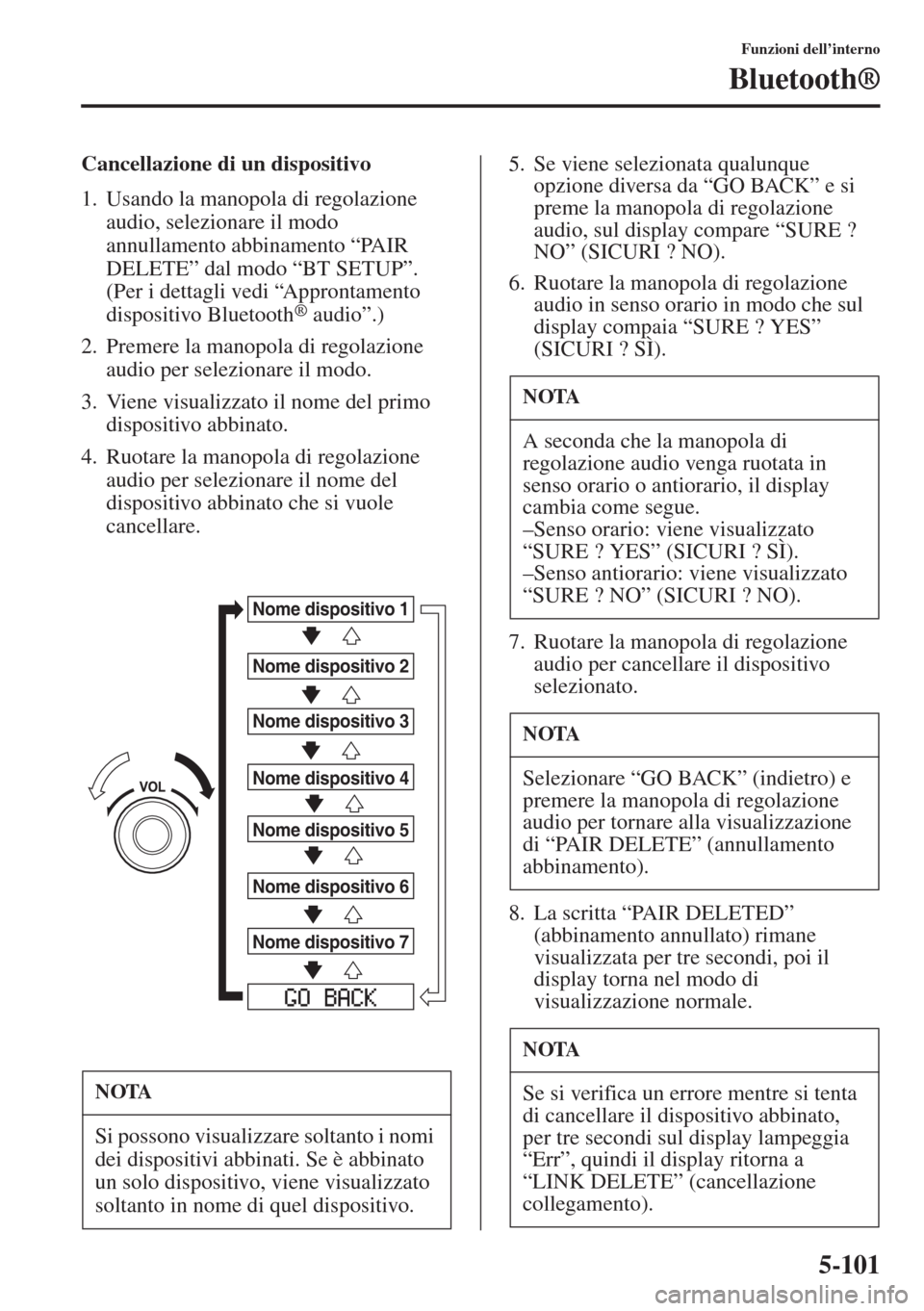 MAZDA MODEL 6 2015 Manuale del proprietario (in Italian) 5-101
Funzioni dell’interno
Bluetooth®
Cancellazione di un dispositivo
1. Usando la manopola di regolazione
audio, selezionare il modo
annullamento abbinamento “PAIR
DELETE” dal modo “BT S MAZDA MODEL 6 2015 Manuale del proprietario (in Italian) 5-101
Funzioni dell’interno
Bluetooth®
Cancellazione di un dispositivo
1. Usando la manopola di regolazione
audio, selezionare il modo
annullamento abbinamento “PAIR
DELETE” dal modo “BT S