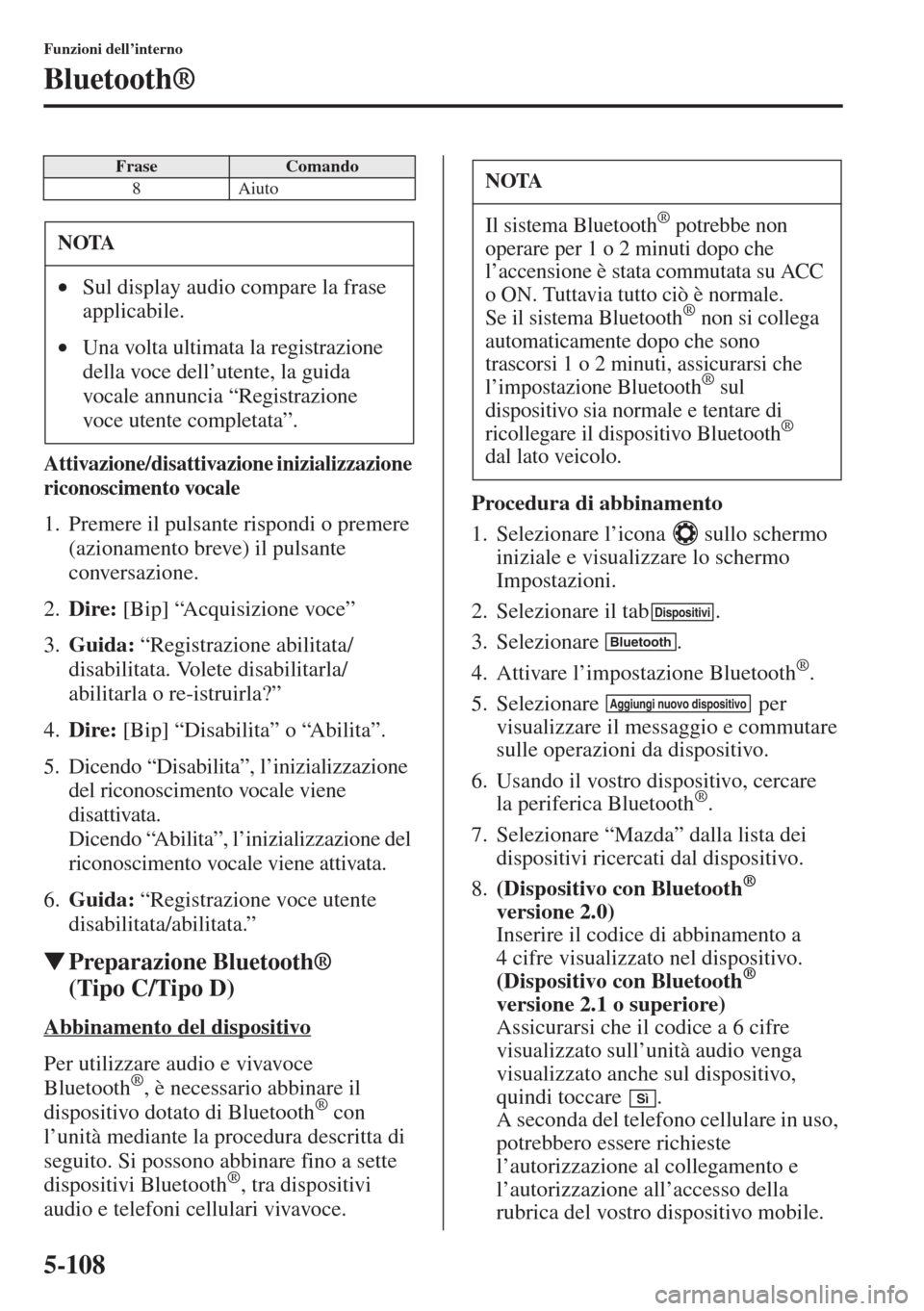 MAZDA MODEL 6 2015 Manuale del proprietario (in Italian) 5-108
Funzioni dell’interno
Bluetooth®
Attivazione/disattivazione inizializzazione
riconoscimento vocale
1. Premere il pulsante rispondi o premere
(azionamento breve) il pulsante
conversazione.
MAZDA MODEL 6 2015 Manuale del proprietario (in Italian) 5-108
Funzioni dell’interno
Bluetooth®
Attivazione/disattivazione inizializzazione
riconoscimento vocale
1. Premere il pulsante rispondi o premere
(azionamento breve) il pulsante
conversazione.