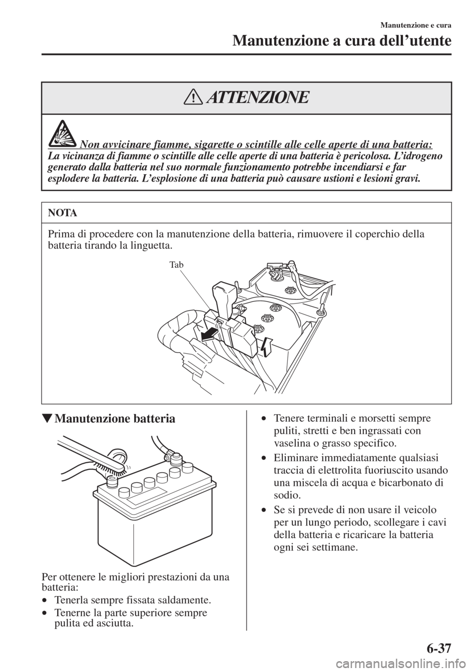 MAZDA MODEL 6 2015  Manuale del proprietario (in Italian)  6-37
Manutenzione e cura
Manutenzione a cura dell’utente
�WManutenzione batteria
Per ottenere le migliori prestazioni da una 
batteria:
•Tenerla sempre fissata saldamente.
•Tenerne la parte supe