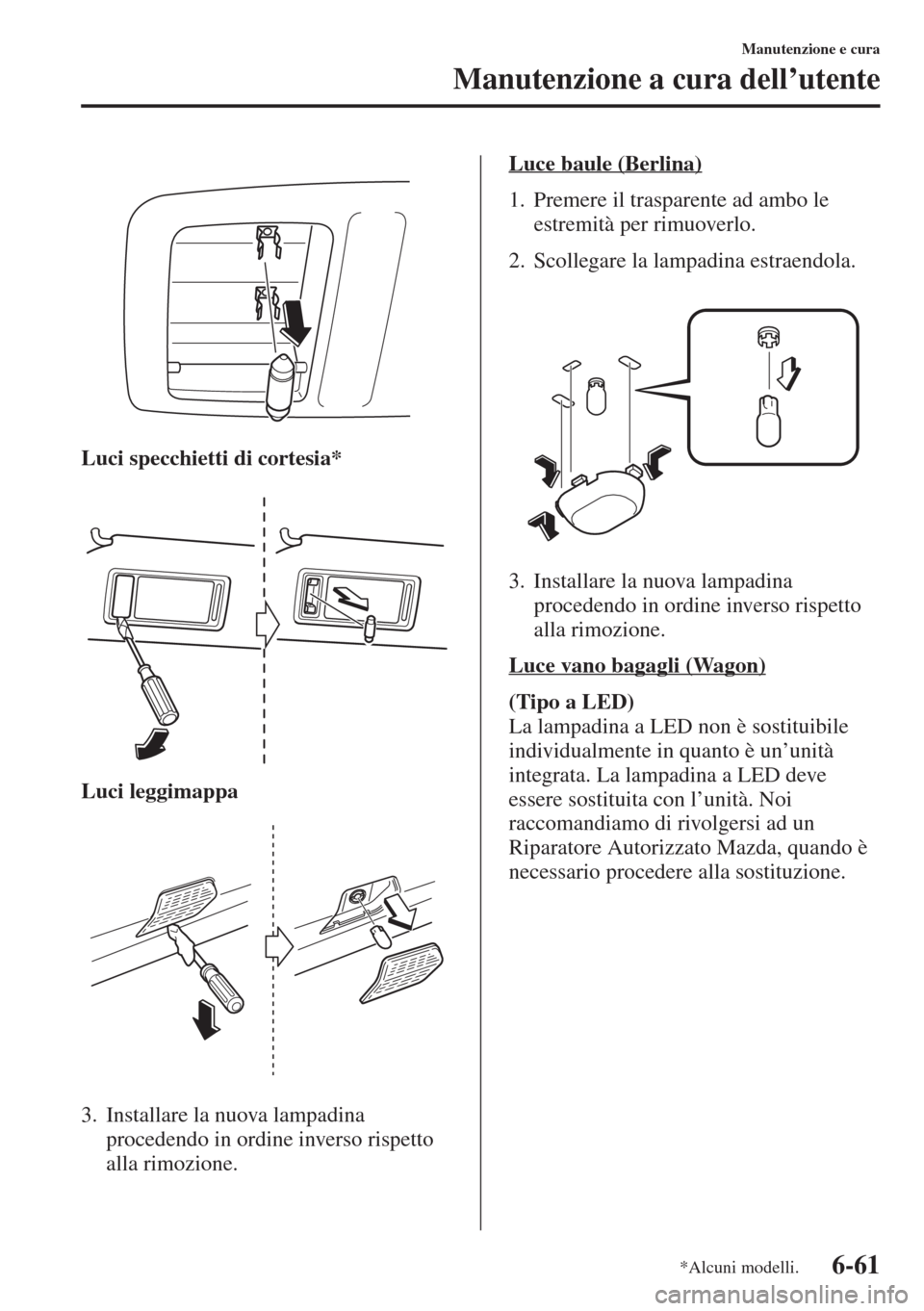 MAZDA MODEL 6 2015  Manuale del proprietario (in Italian)  6-61
Manutenzione e cura
Manutenzione a cura dell’utente
Luci specchietti di cortesia*
Luci leggimappa
3. Installare la nuova lampadina 
procedendo in ordine inverso rispetto 
alla rimozione.Luce ba