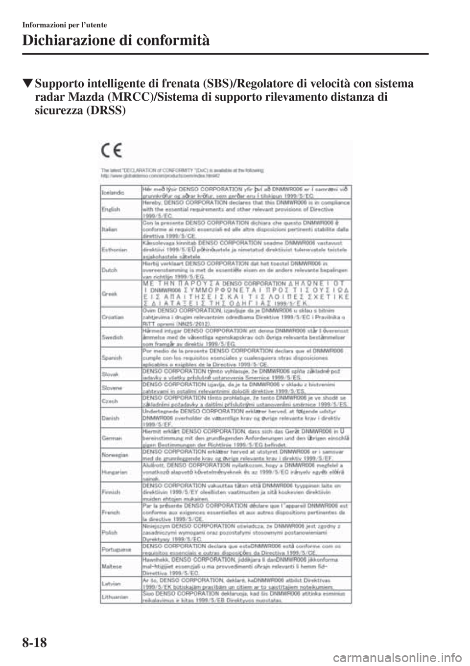 MAZDA MODEL 6 2015  Manuale del proprietario (in Italian)  8-18
Informazioni per l’utente
Dichiarazione di conformità
�WSupporto intelligente di frenata (SBS)/Regolatore di velocità con sistema 
radar Mazda (MRCC)/Sistema di supporto rilevamento distanza 
