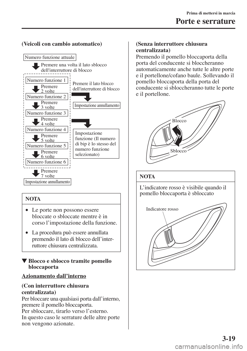 MAZDA MODEL 6 2015  Manuale del proprietario (in Italian)  3-19
Prima di mettersi in marcia
Porte e serrature
(Veicoli con cambio automatico)
�WBlocco e sblocco tramite pomello 
bloccaporta
Azionamento dall
(Con interruttore chiusura 
centralizzata)
Per blocc