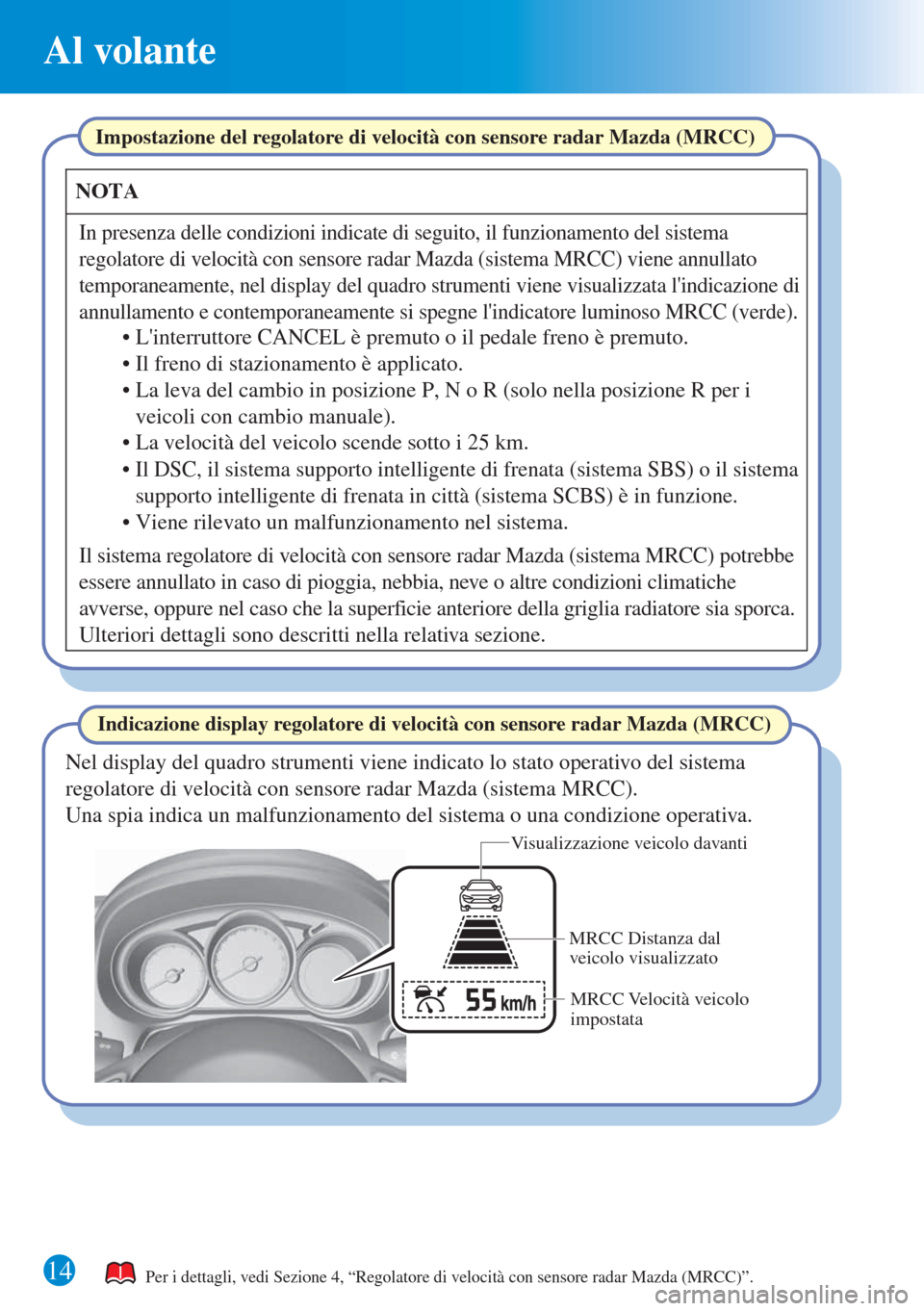 MAZDA MODEL 6 2015  Guida Rapida (in Italian) 14
Al volante
Visualizzazione veicolo davanti
MRCC Velocità veicolo 
impostata MRCC Distanza dal 
veicolo visualizzato
Per i dettagli, vedi Sezione 4, “Regolatore di velocità con sensore radar Maz