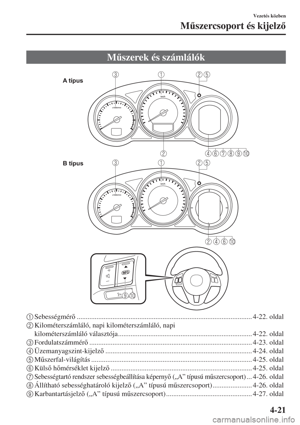 MAZDA MODEL 6 2015  Kezelési útmutató (in Hungarian) 4-21
Vezetés közben
M&szercsoport és kijelz
1Sebességmér.................................................................................................. 4-22. oldal
2Kilométerszámláló,
