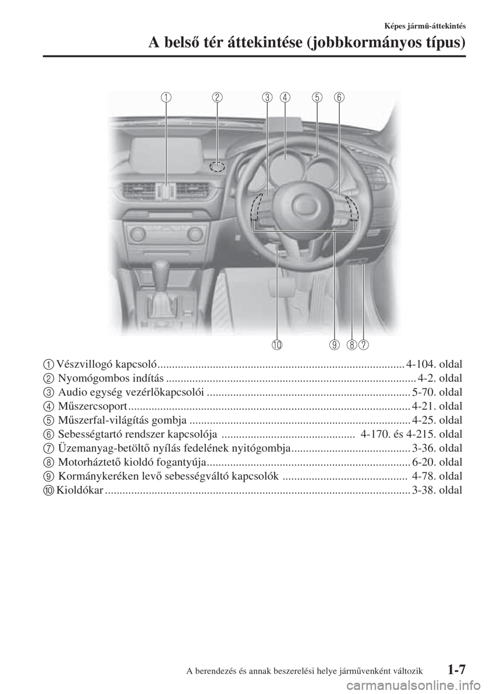 MAZDA MODEL 6 2015  Kezelési útmutató (in Hungarian) 1-7
Képes járm&-áttekintés
A bels tér áttekintése (jobbkormányos típus)
 
1Vészvillogó kapcsoló..................................................................................... 4-10