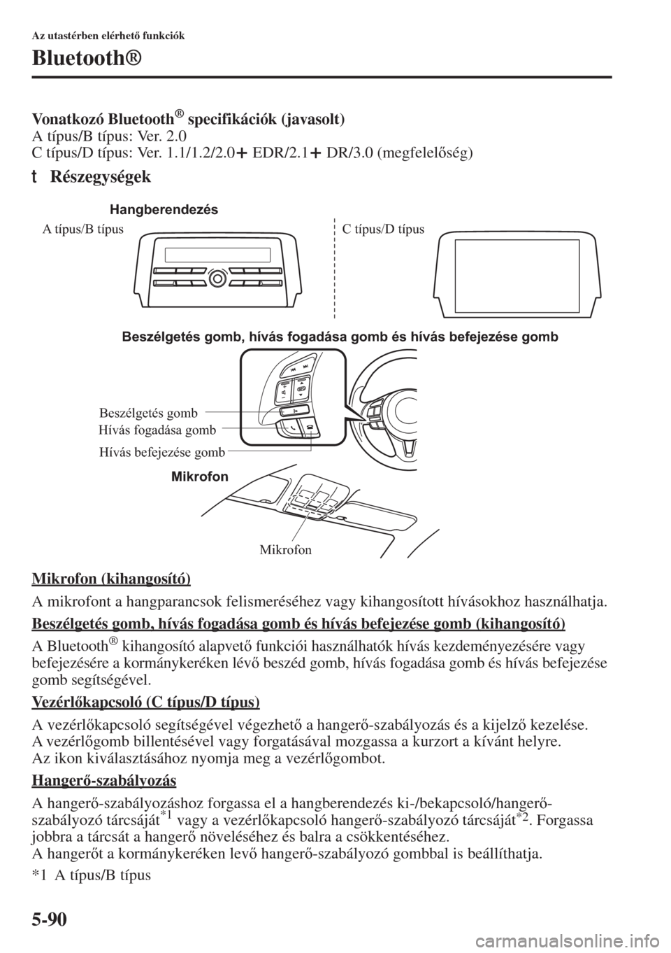 MAZDA MODEL 6 2015  Kezelési útmutató (in Hungarian) 5-90
Az utastérben elérhet funkciók
Bluetooth®
Vonatkozó Bluetooth® specifikációk (javasolt)
A típus/B típus: Ver. 2.0
C típus/D típus: Ver. 1.1/1.2/2.0 EDR/2.1 DR/3.0 (megfelelség)
t