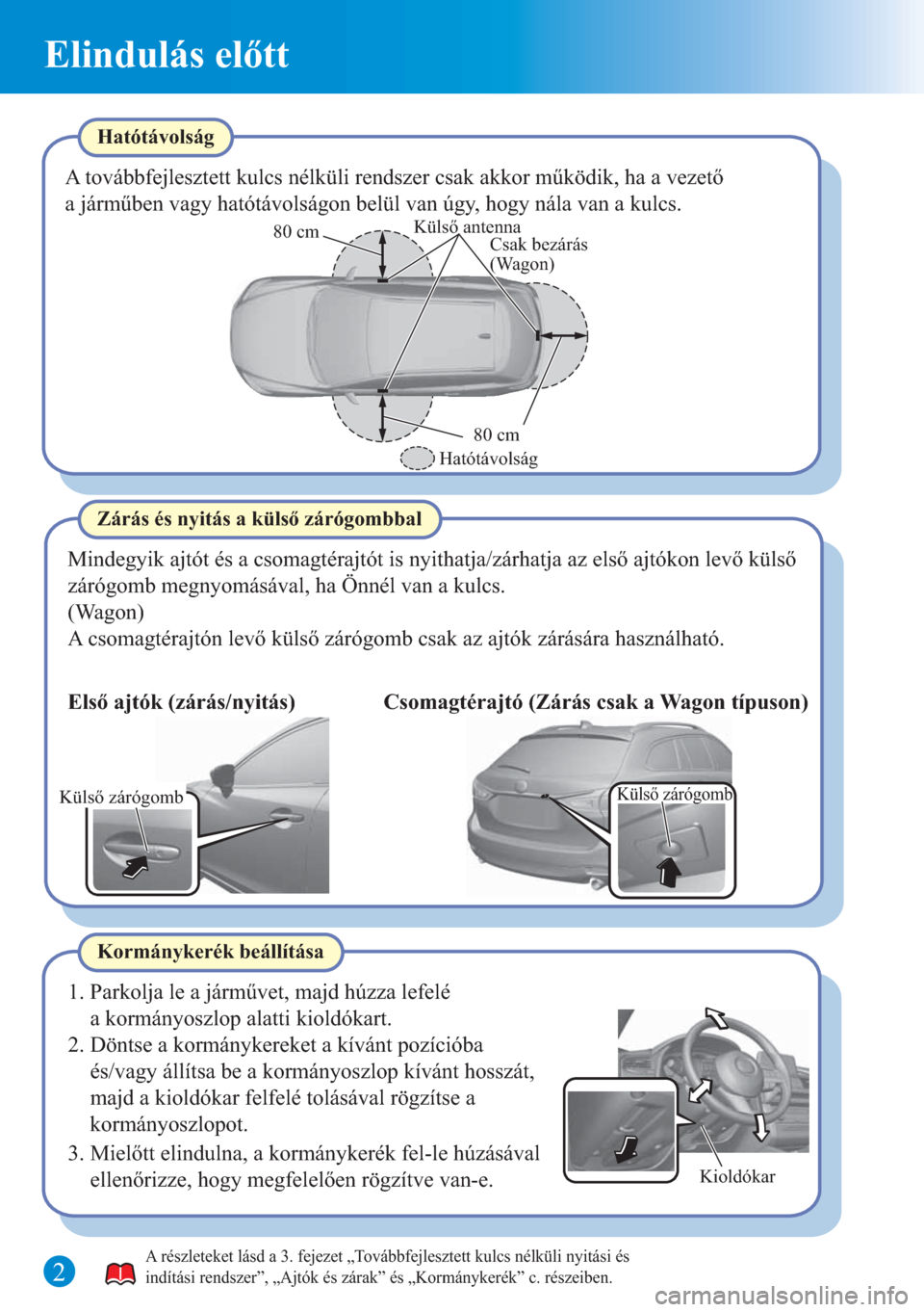 MAZDA MODEL 6 2015  Rövid útmutató (in Hungarian) Külső antenna
Csak bezárás 
(Wagon)
Hatótávolság80 cm 80 cm
Külső zárógombKülső zárógomb
Kioldókar
Elindulás előtt
Hatótávolság
A továbbfejlesztett kulcs nélküli rendszer csak 