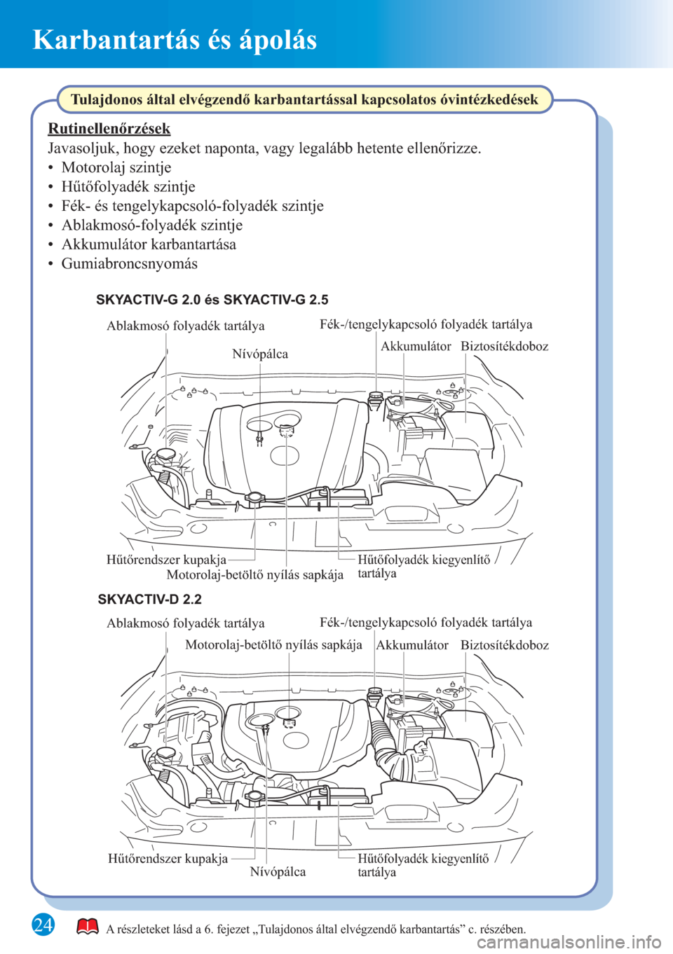 MAZDA MODEL 6 2015 Rövid útmutató (in Hungarian) 24
Karbantartás és ápolás
Ablakmosó folyadék tartálya
Motorolaj-betöltő nyílás sapkája
NívópálcaAkkumulátor Biztosítékdoboz
Hűtőrendszer kupakja
Hűtőfolyadék kiegyenlítő
tart MAZDA MODEL 6 2015 Rövid útmutató (in Hungarian) 24
Karbantartás és ápolás
Ablakmosó folyadék tartálya
Motorolaj-betöltő nyílás sapkája
NívópálcaAkkumulátor Biztosítékdoboz
Hűtőrendszer kupakja
Hűtőfolyadék kiegyenlítő
tart